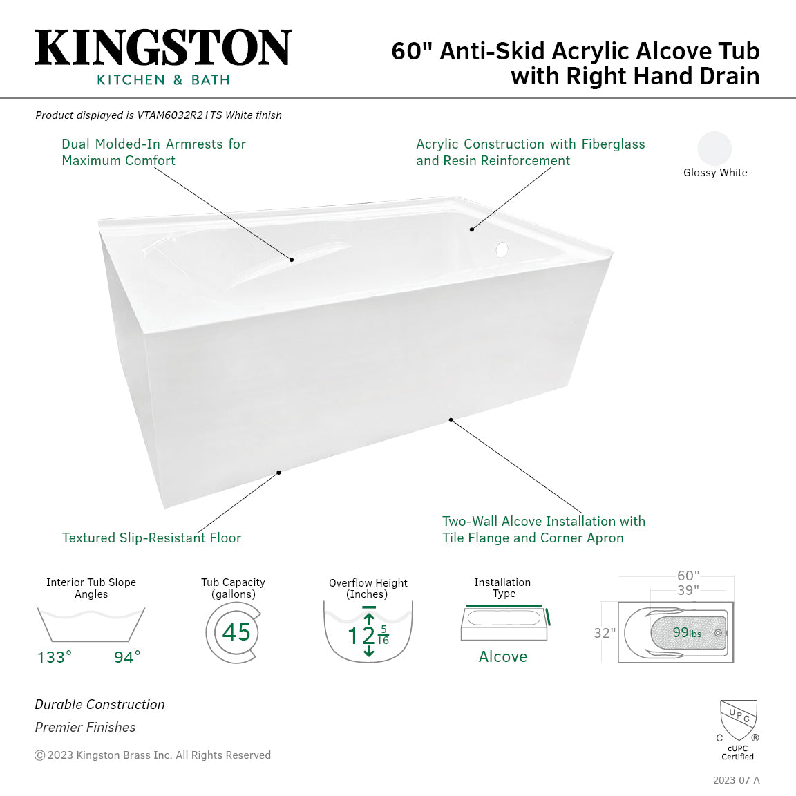 Aqua Eden VTAM6032R21TS 60-Inch Acrylic Rectangular 2-Wall Corner Alcove Bathtub - Right Hand Drain, Glossy White - Perfect for Small Bathrooms & Modern Home Spa Experience