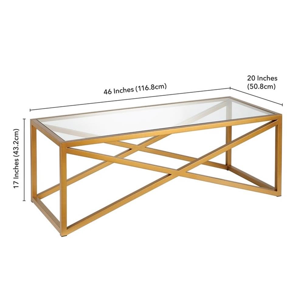 Pemberly Row Brass and Gold Rectangular Coffee Table with Tempered Glass Top - Modern Living Room Centerpiece for Home Decor