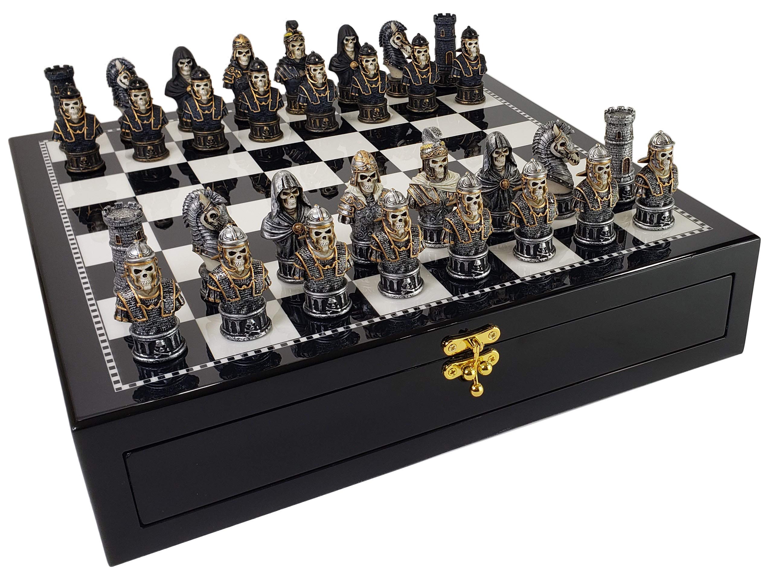 Medieval Gothic Fantasy Skeleton Chess Set with 17-inch Black & White Storage Board - Skull Busts Decor for Game Nights, Halloween Party & Dark Aesthetic Home Decor