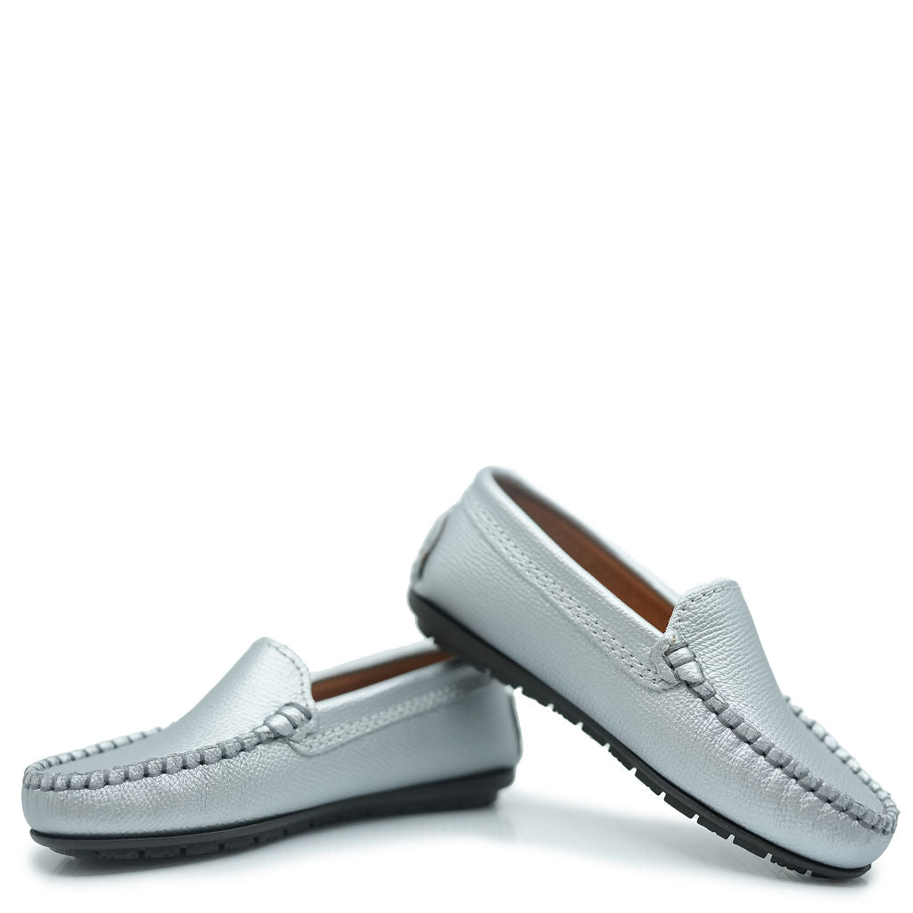 Men's Atlanta Moccasin Silver Pebbled Leather Loafers - Comfortable Slip-On Dress Shoes for Business Casual & Office Wear