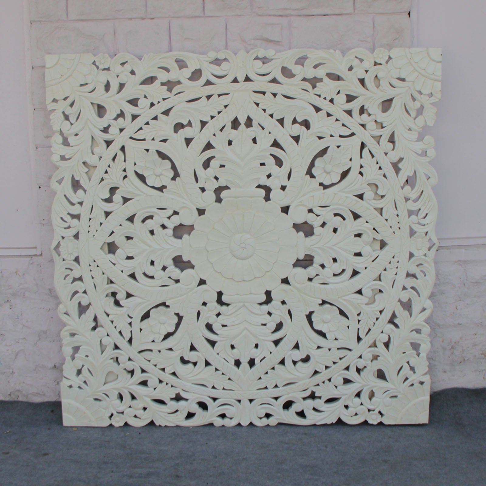 Handcrafted Dynasty Carved Panel Bed Headboard in White - Elegant Bedroom Decor for Master Suite & Guest Room