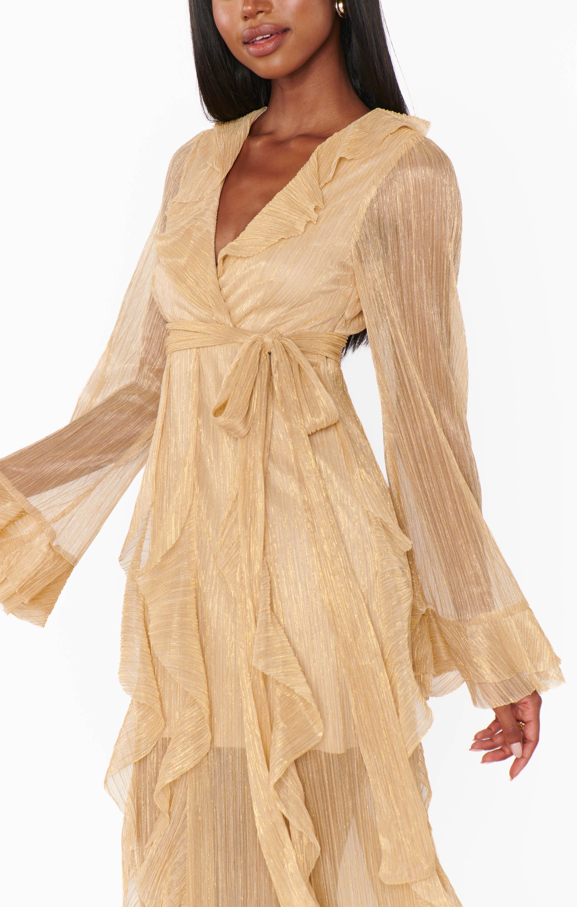 Jenny Ruffle Maxi Dress in Gold Glimmer - Elegant Flowy Long Dress for Women, Perfect for Weddings, Parties & Special Occasions