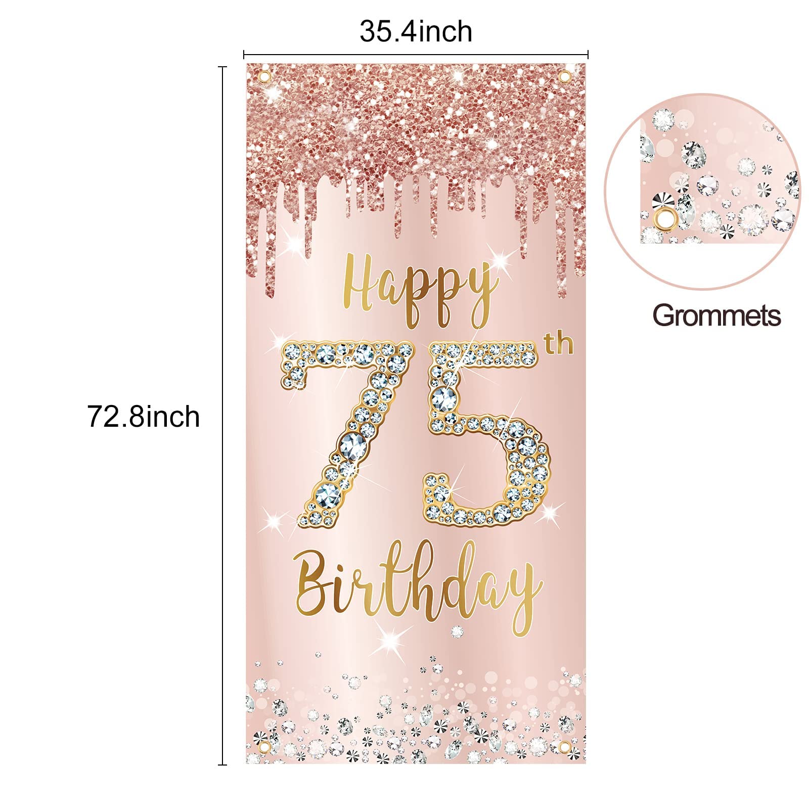 75th Birthday Decorations for Women - Pink Rose Gold Happy Birthday Banner, Backdrop Sign & Porch Party Supplies | Large 75 Year Old Celebration Decor for Milestone Birthday Parties, Anniversaries & Special Events