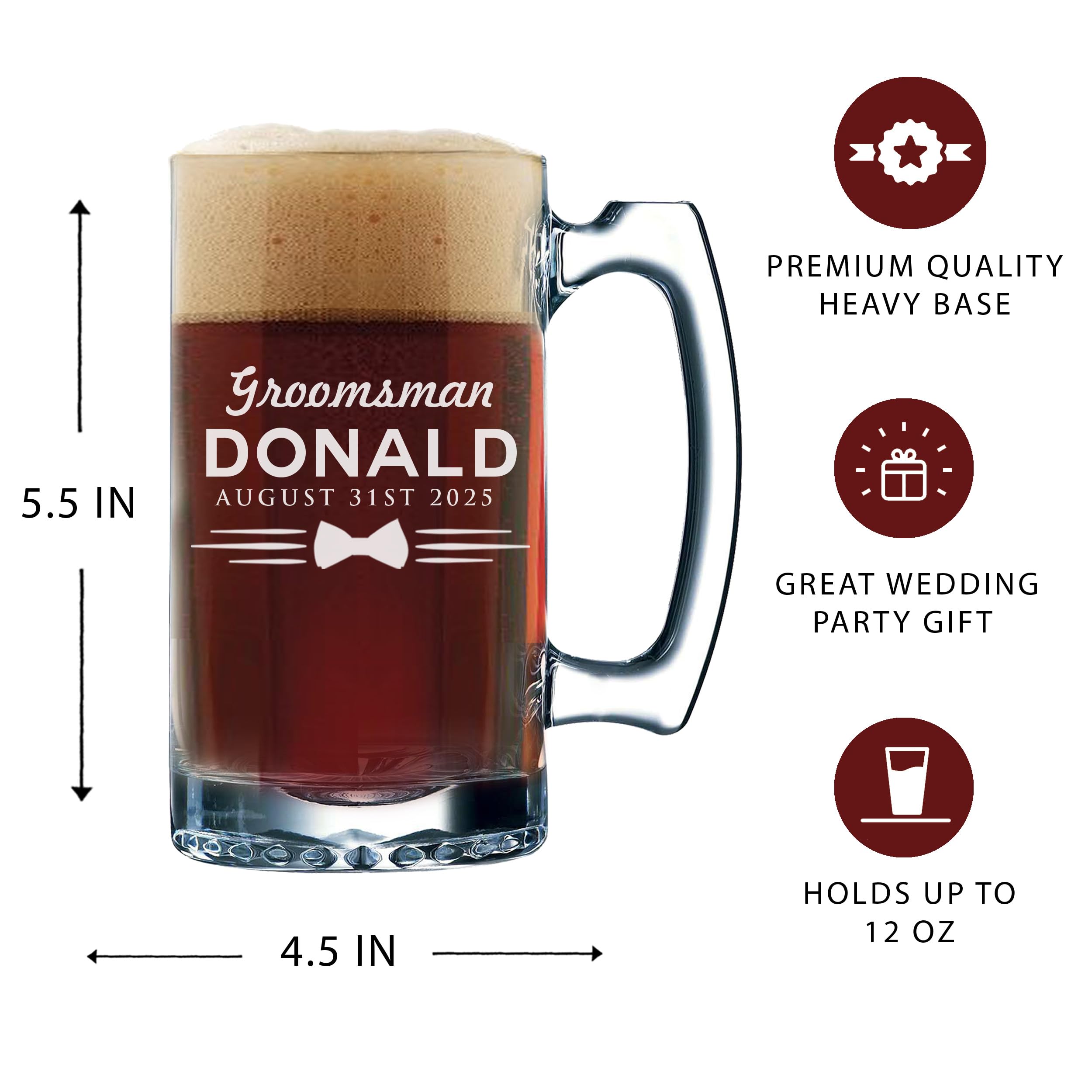 Personalized Groomsmen Beer Mugs Set - Custom Engraved 12oz Uniform Style Glass Mugs for Wedding Party Gifts, Bachelor Party & Man Cave Decor