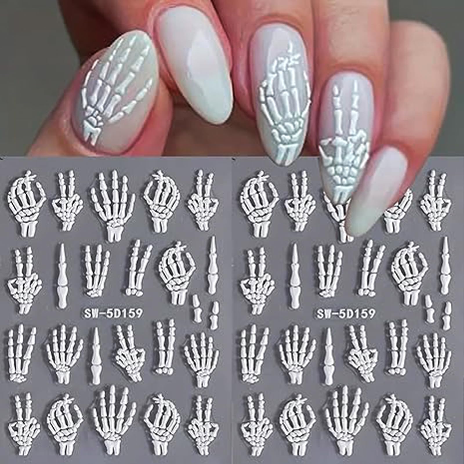 2 Sheets Halloween Nail Art Stickers - 5D Embossed White Skull & Skeleton Bones Nail Decals for Women - Spooky DIY Manicure Supplies for Halloween Parties, Cosplay & Nail Salon Designs