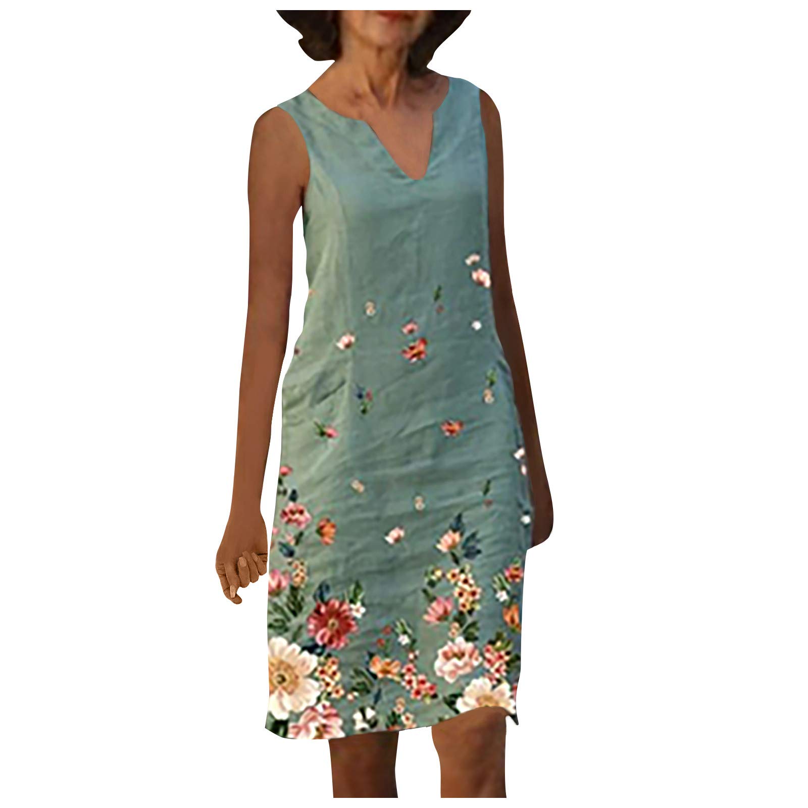 JOAU Women's Casual Sleeveless Linen Summer Dress - Floral Print Lightweight Loose Shift Beach Dress for Vacation, Travel & Outdoor Activities