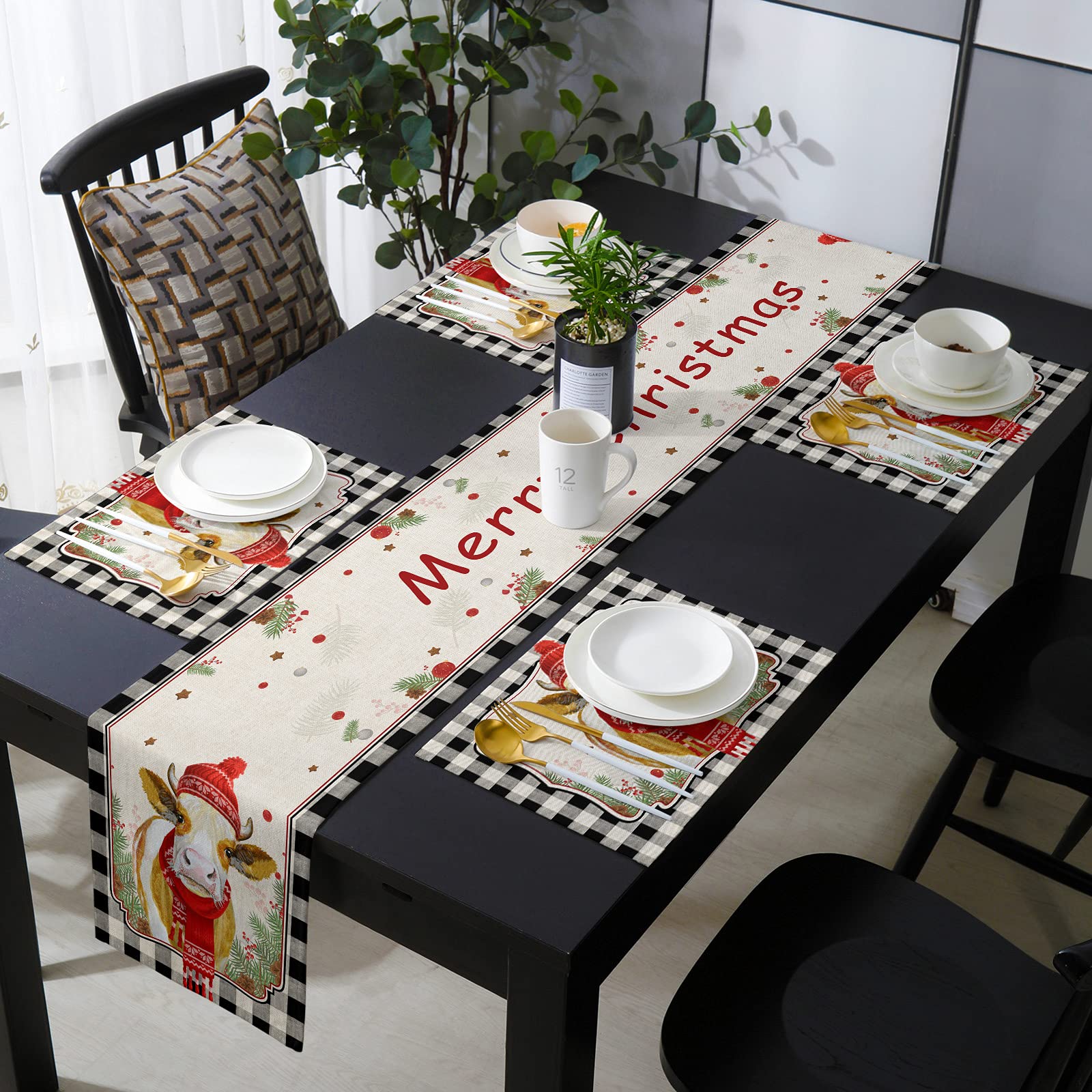Farmhouse Christmas Table Runner with 4 Washable Placemats - Cow Berries & Pine Branch Design for Kitchen Dining, Holiday Party, Buffet Table - Vintage Burlap Buffalo Check Decor for Cozy Winter Gatherings