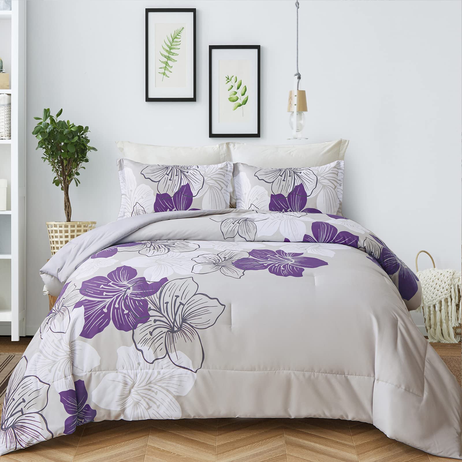 Menghomeus King Size Floral Comforter Set - Purple Floral Pattern on Grey Soft Microfiber Bedding, Lightweight All-Season Bed Set (1 Comforter + 2 Pillowcases) for Master Bedroom, Guest Room & Dorm Decor