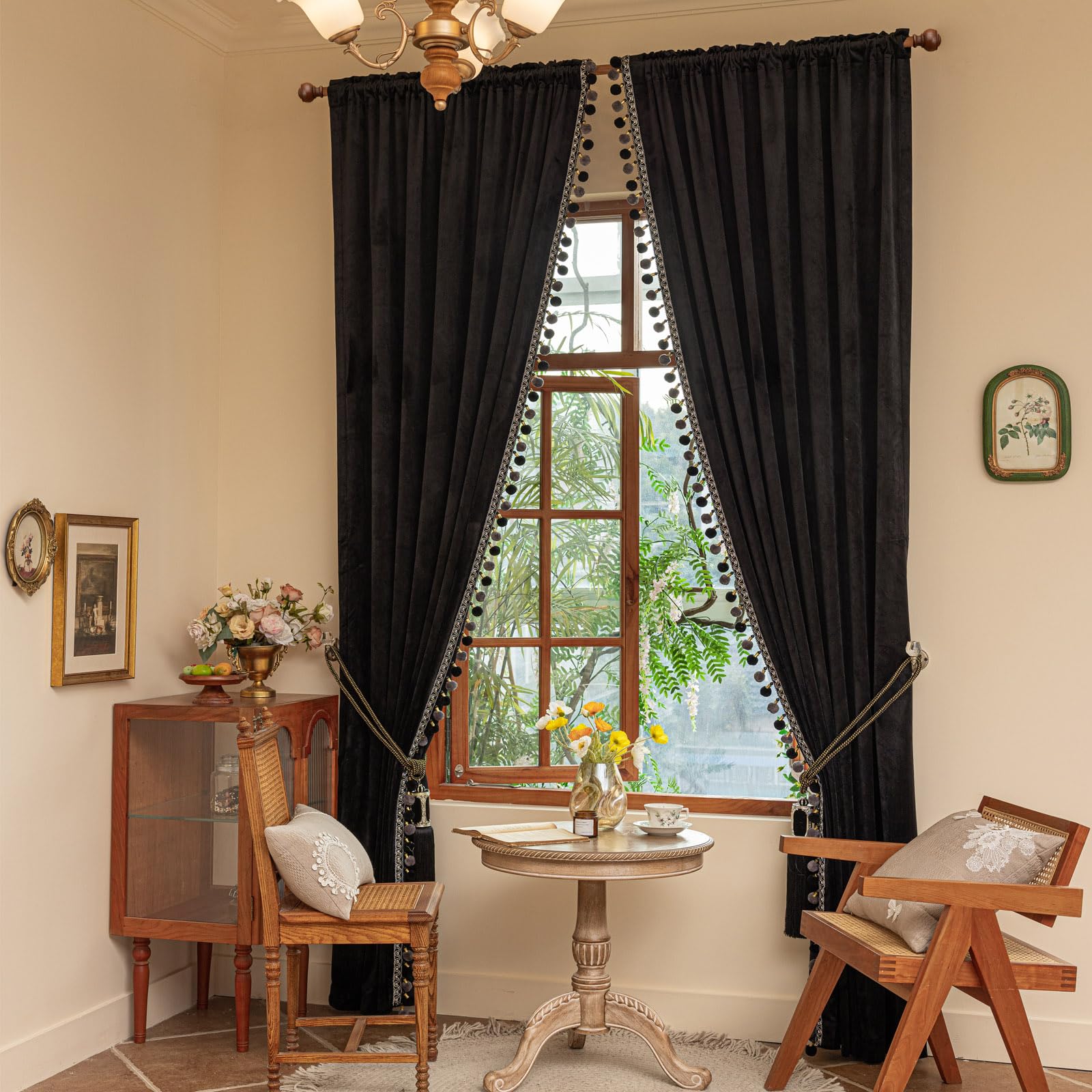Luxury Blackout Velvet Curtains with Pom Poms & Tassels - 2 Panels Set (50