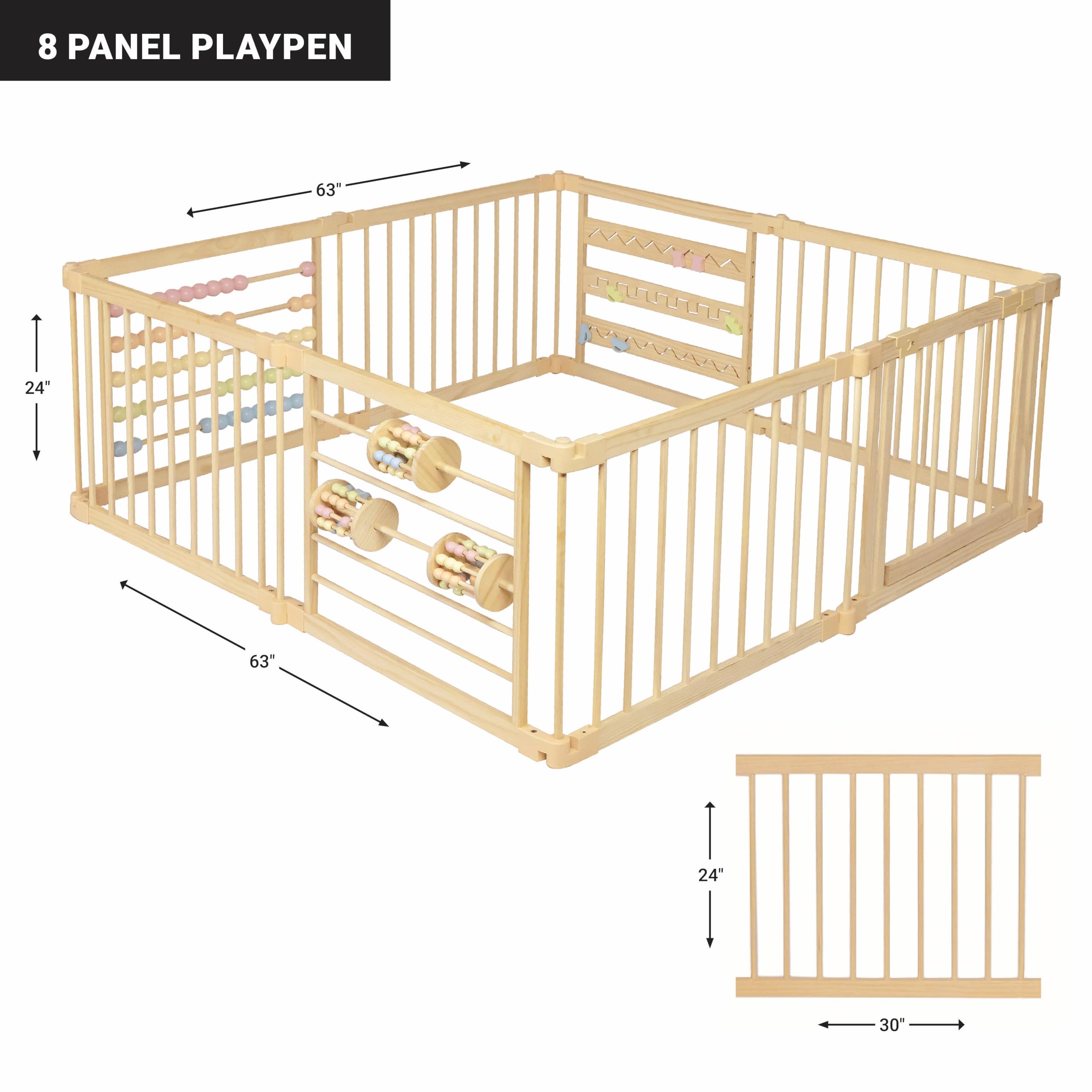 Extra Large Wooden Playpen for Toddlers & Babies - 8/10 Panel Foldable & Adjustable Baby Play Yard - Natural Wood Baby Gate for Indoor/Outdoor Use - Perfect for Playrooms, Daycares & Backyards