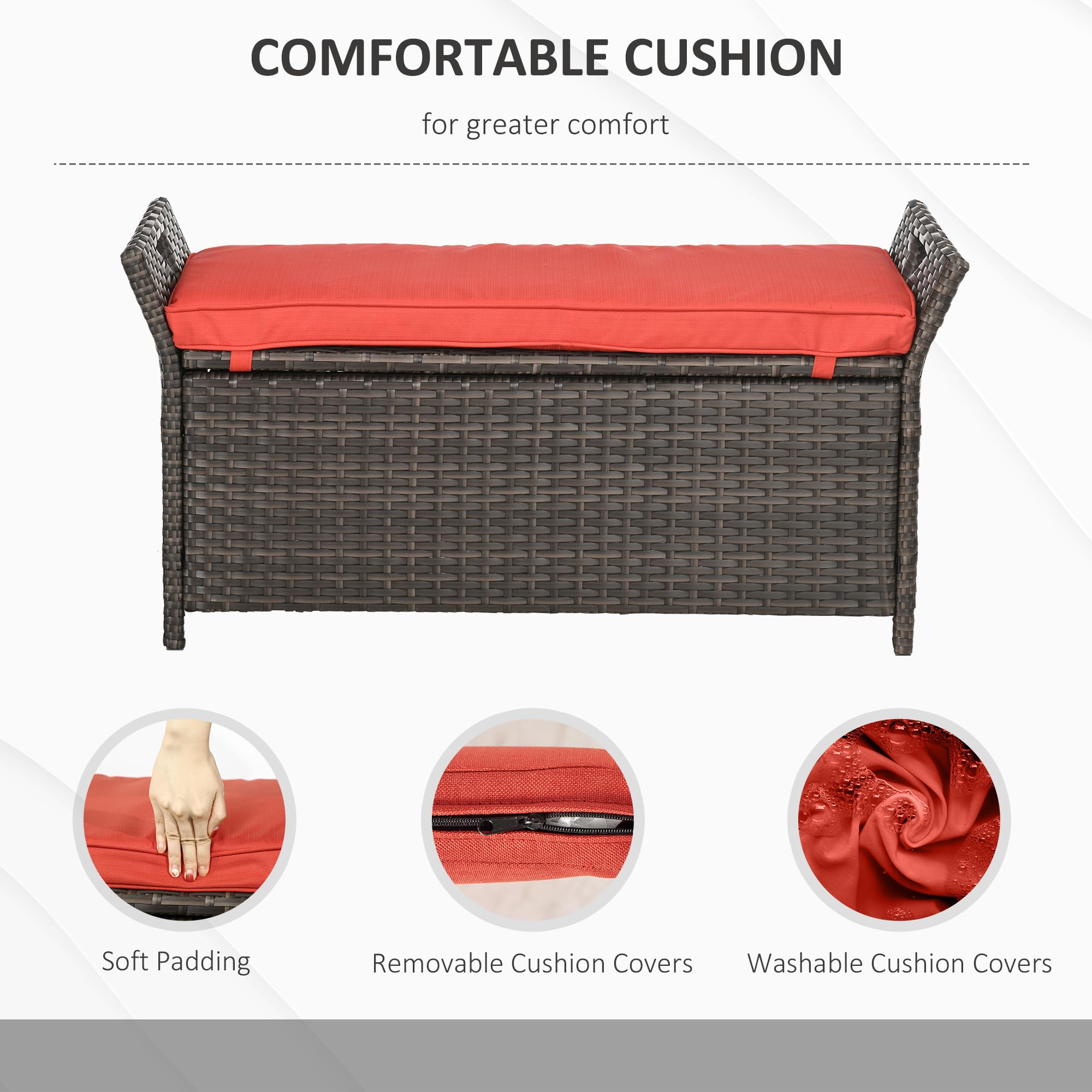 Outsunny 29 Gallon Outdoor Wicker Storage Bench - 2-in-1 PE Rattan Patio Furniture with Cushion, Large Rectangle Garden Storage Box with Handles (Red) | Perfect for Backyard, Deck, Poolside & Patio Organization
