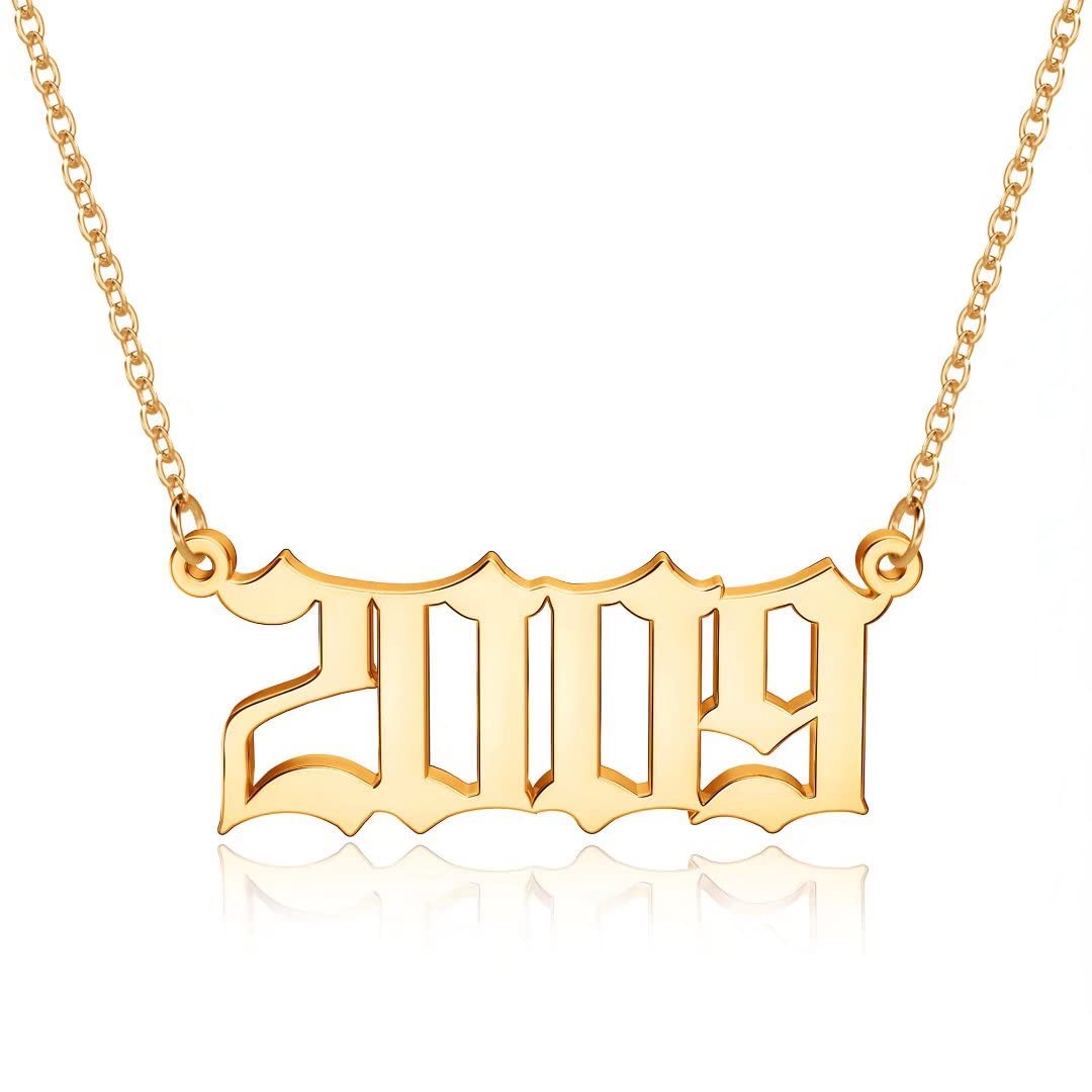 18K Gold Plated Old English Birth Year Necklace for Women - Personalized Jewelry Gift for Birthday, Anniversary & Special Occasions (1970-2021) | Elegant Pendant Necklace for Everyday Wear, Date Nights & Gift Giving