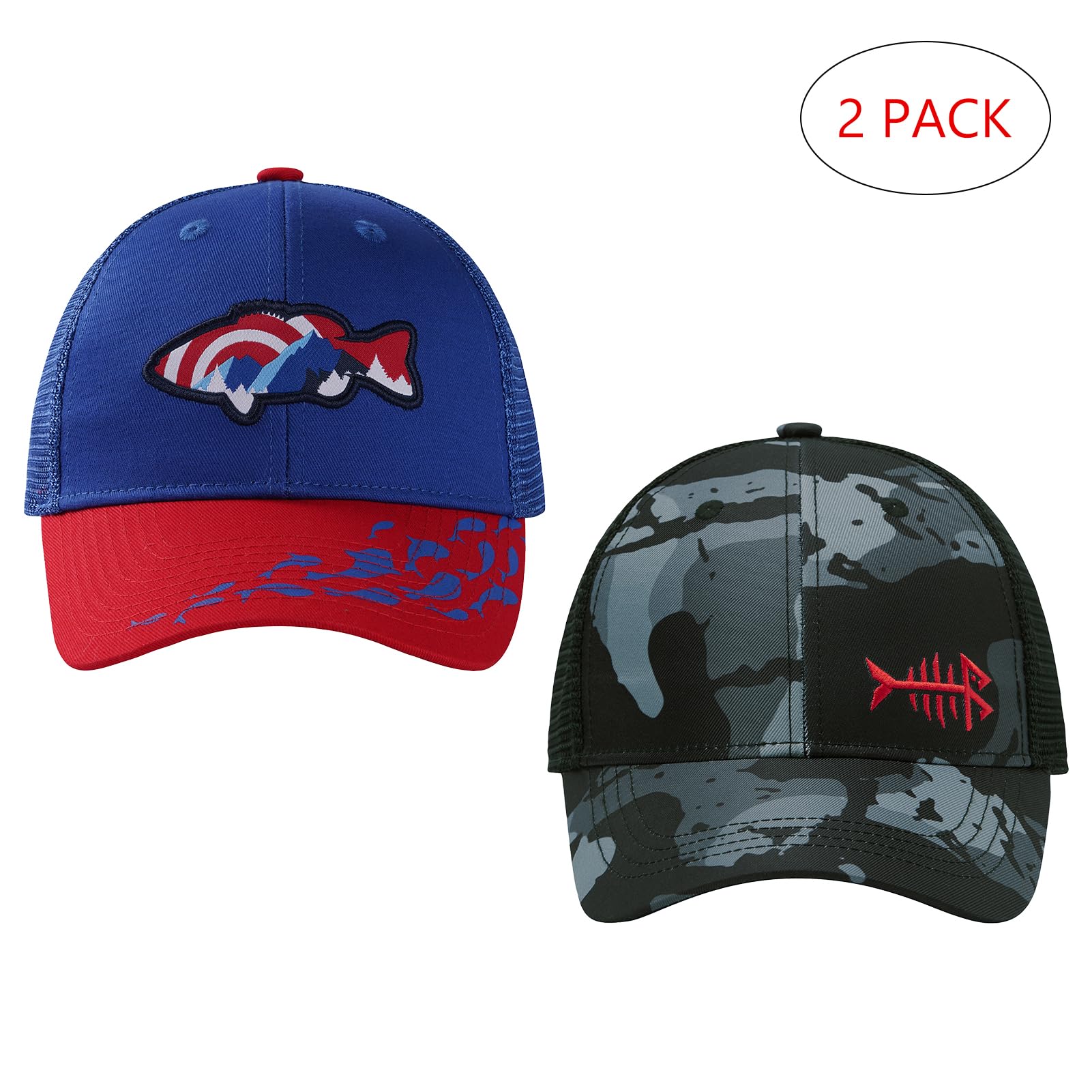 BassDash Kids & Youth Fishing Sun Hat - Adjustable Mesh Back Baseball Cap for Boys & Girls - UV Protection for Outdoor Activities - Perfect for Fishing, Hiking, and Beach Trips (2-Pack)