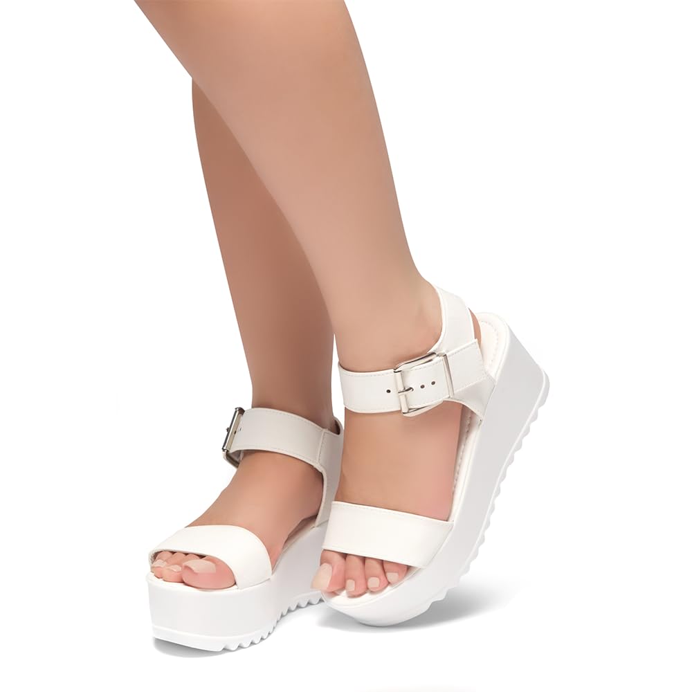 Herstyle Carita Women's Platform Sandals - Open Toe Ankle Strap Wedge Sandals for Women | Chunky Lug Sole, Comfortable & Lightweight | Black & White Casual Summer Shoes for Beach, Vacation & Daily Wear