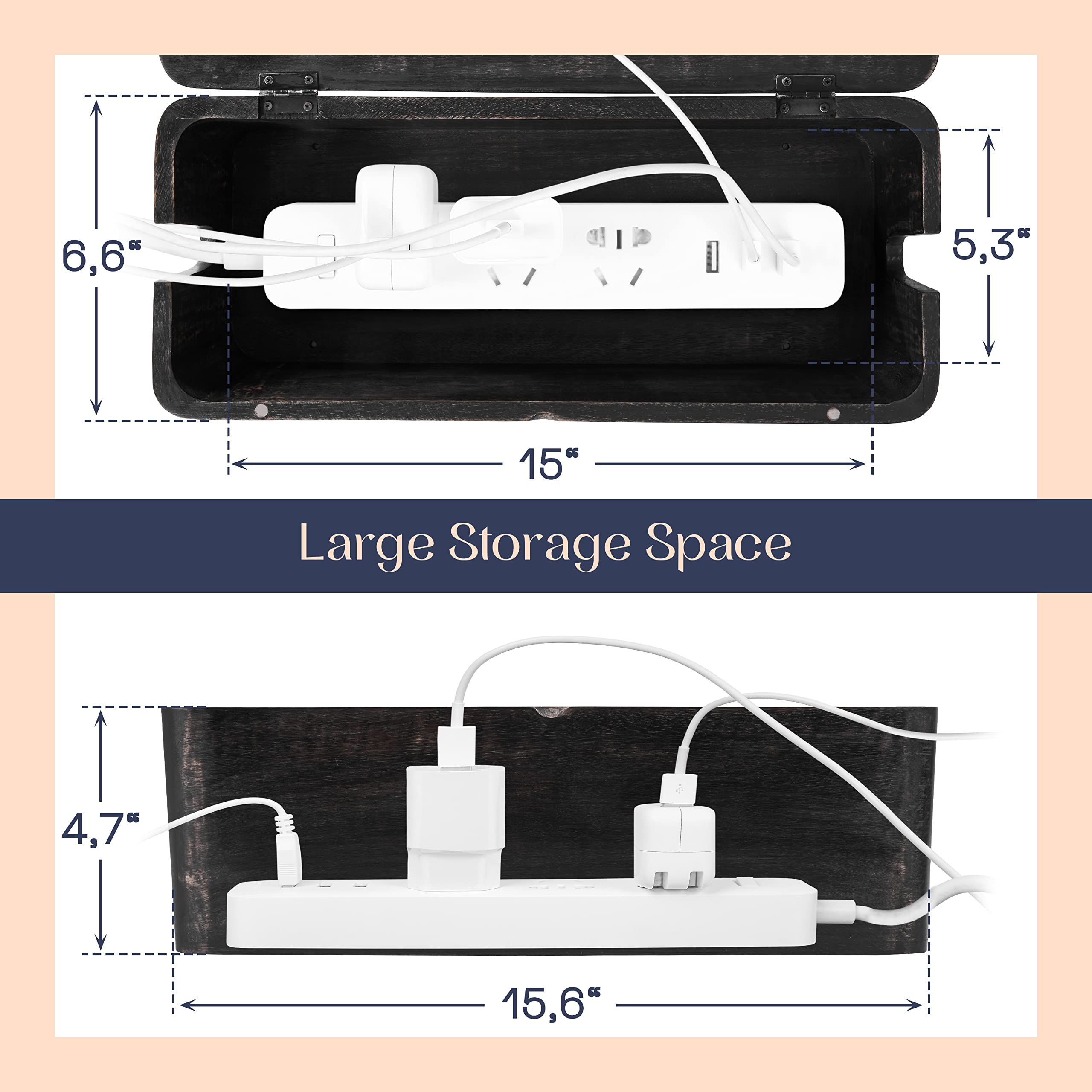 Large Cable Management Box - Cord Organizer & Power Strip Holder for Desk & Floor Cable Hiding - Wire Storage Solution for Home, Office & Entertainment Centers