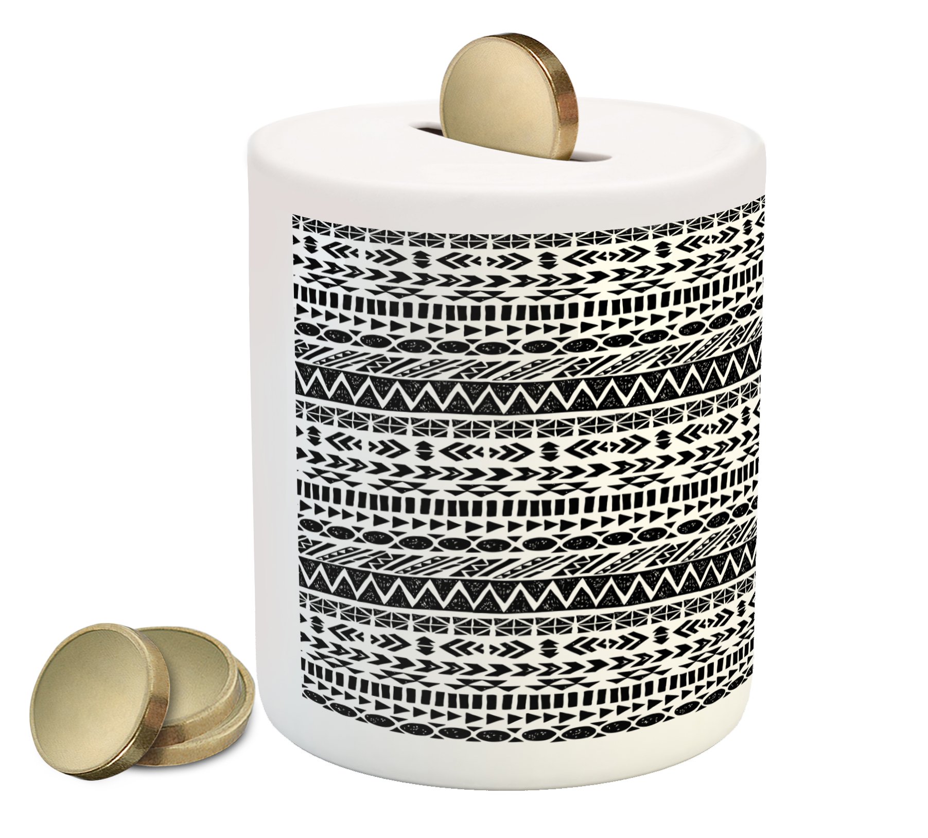 Ambesonne Striped Ceramic Piggy Bank - Trippy Mystic Aztec Bohemian Print Money Box for Cash Saving | Black & White Design | Perfect for Kids Room Decor, Office Desk Organizer & Unique Gift Idea
