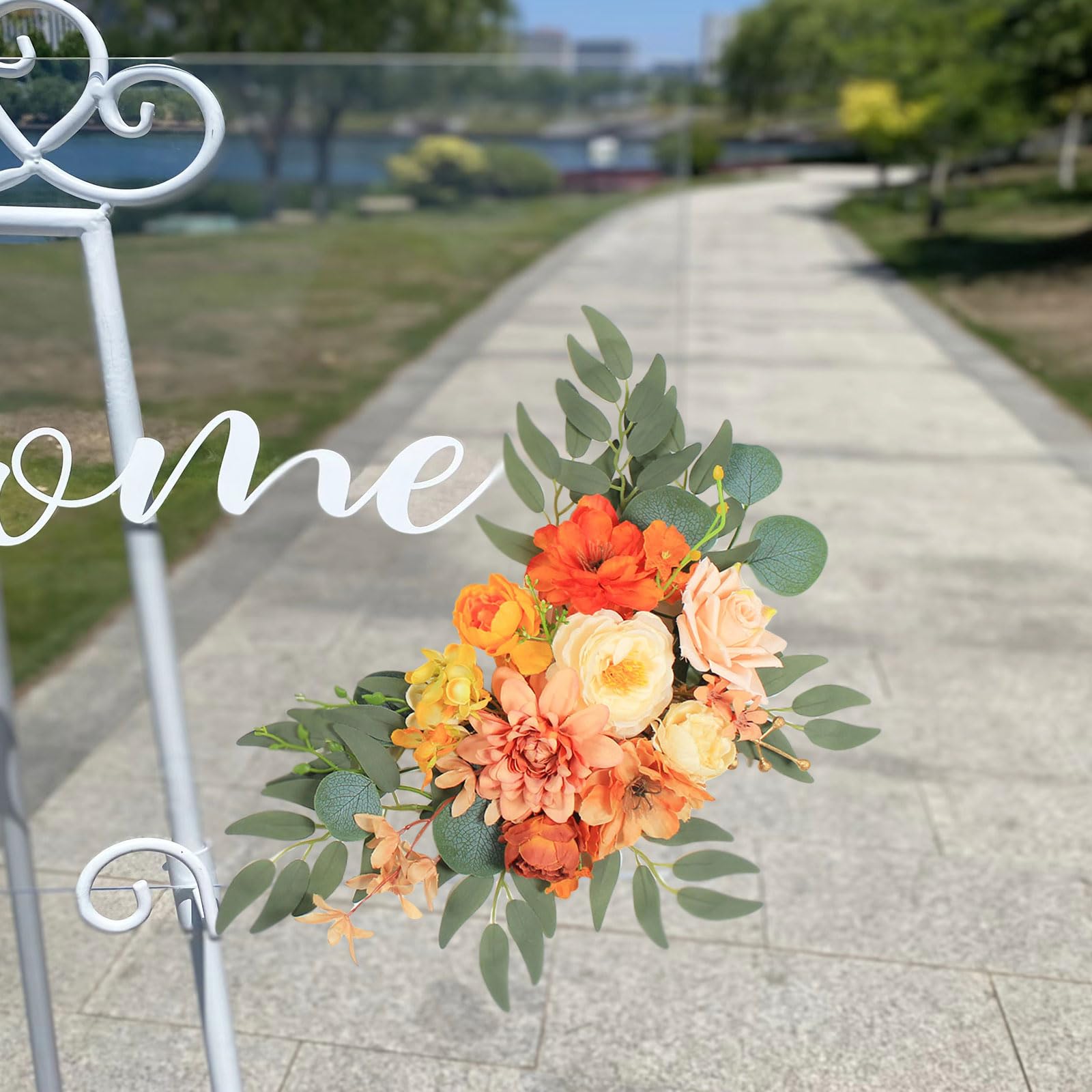 Faux Flower Set of 2 - Artificial Wedding Arch Flowers for Welcome Signs, Reception Decor & Backdrop (Orange) | Perfect for Wedding Ceremonies, Bridal Showers & Home Decor