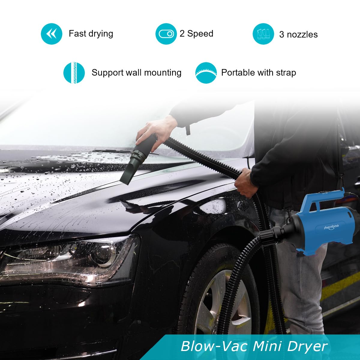 Shernbao High Velocity Car & Motorcycle Dryer Blower | 110V Portable Air Blower for Auto Detailing, Cleaning & Dusting | Perfect for Drying Vehicles, Removing Water Spots & Cleaning Hard-to-Reach Areas