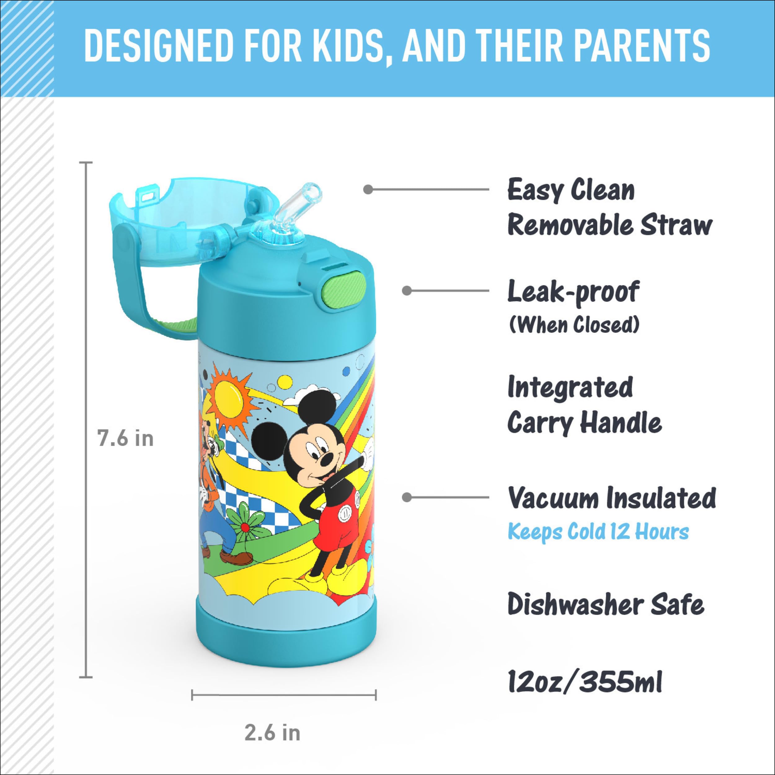 THERMOS FUNTAINER 12oz Kids Stainless Steel Vacuum Insulated Water Bottle with Straw & Lid - Mickey Mouse Design - Leakproof & BPA-Free for School, Sports & Outdoor Activities