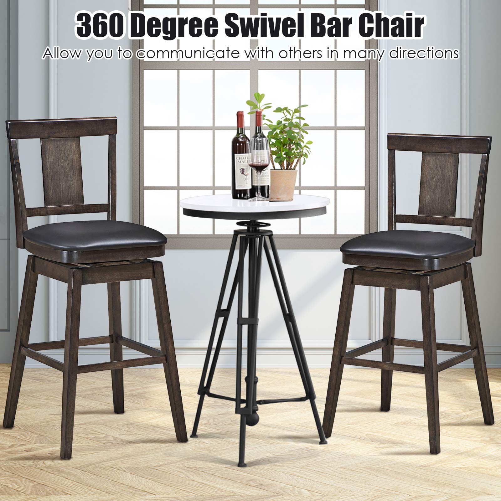 COSTWAY 2-Pack Swivel Bar Stools with 360-Degree Rotation, Wooden Bar Height Stools with Leather Padded Seat, Solid Rubber Wood Legs & Single Slat Back - Perfect for Kitchen Island, Dining Room & Home Bar Decor (Set of 2, 29-inch Height)