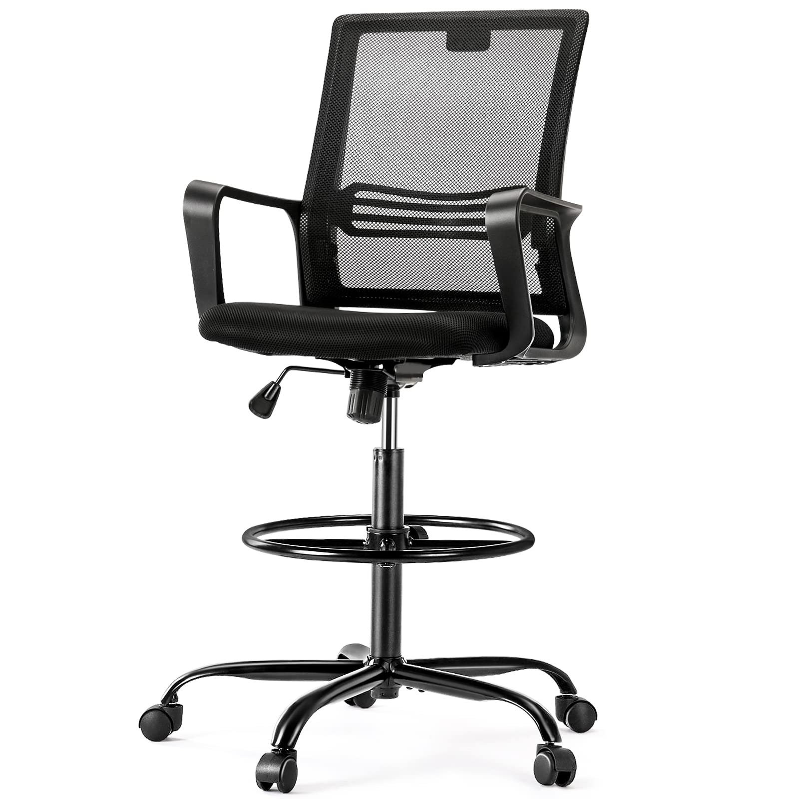 OLIXIS Adjustable Drafting Chair - Ergonomic Standing Office Chair with Lumbar Support, Height Adjustable & Breathable Mesh Seat, Foot Ring - Dark Black for Architects, Designers & Home Office Use