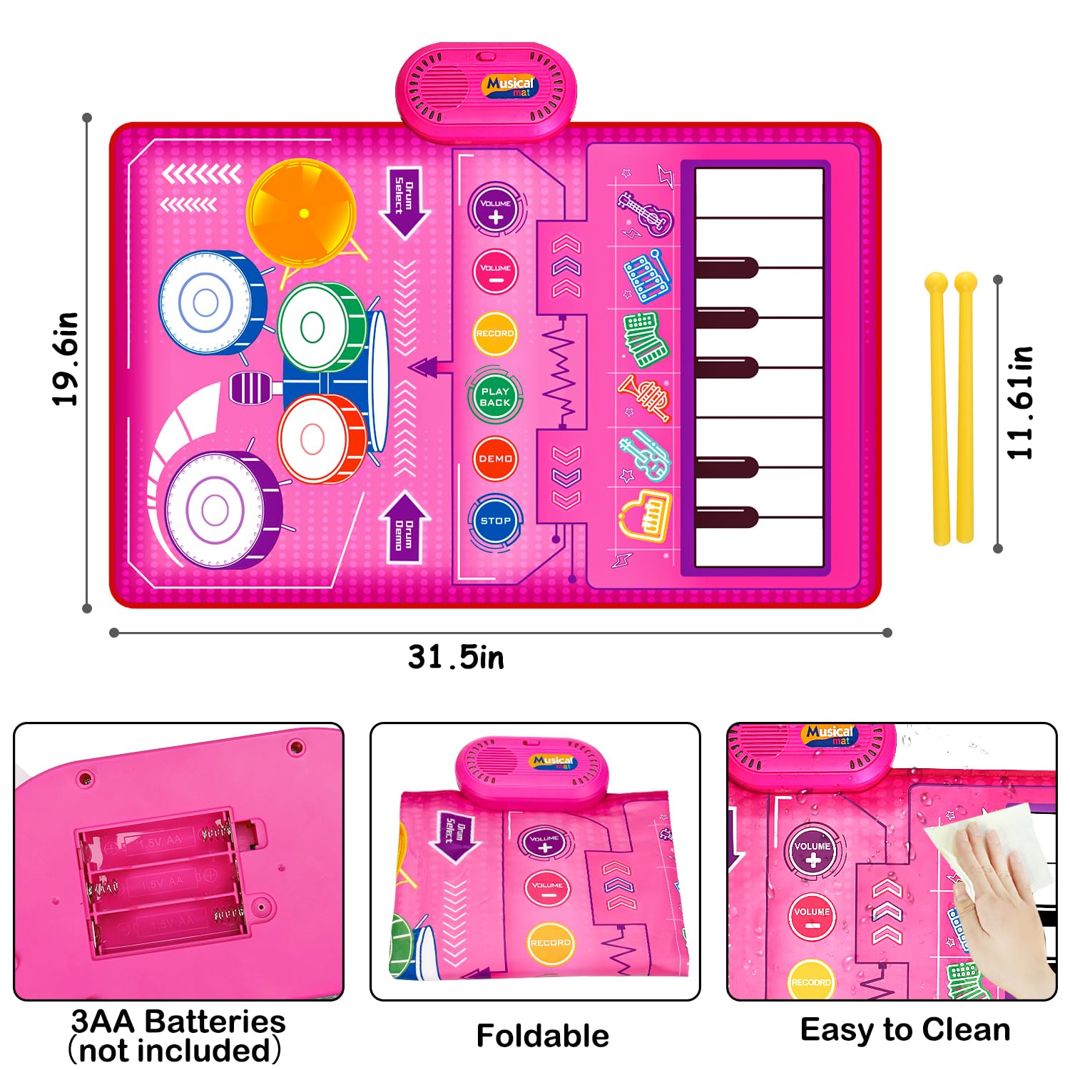 Musical Play Mat for 1-2 Year Old Girls - Piano Keyboard & Drum Toy Gift for Birthday & Easter