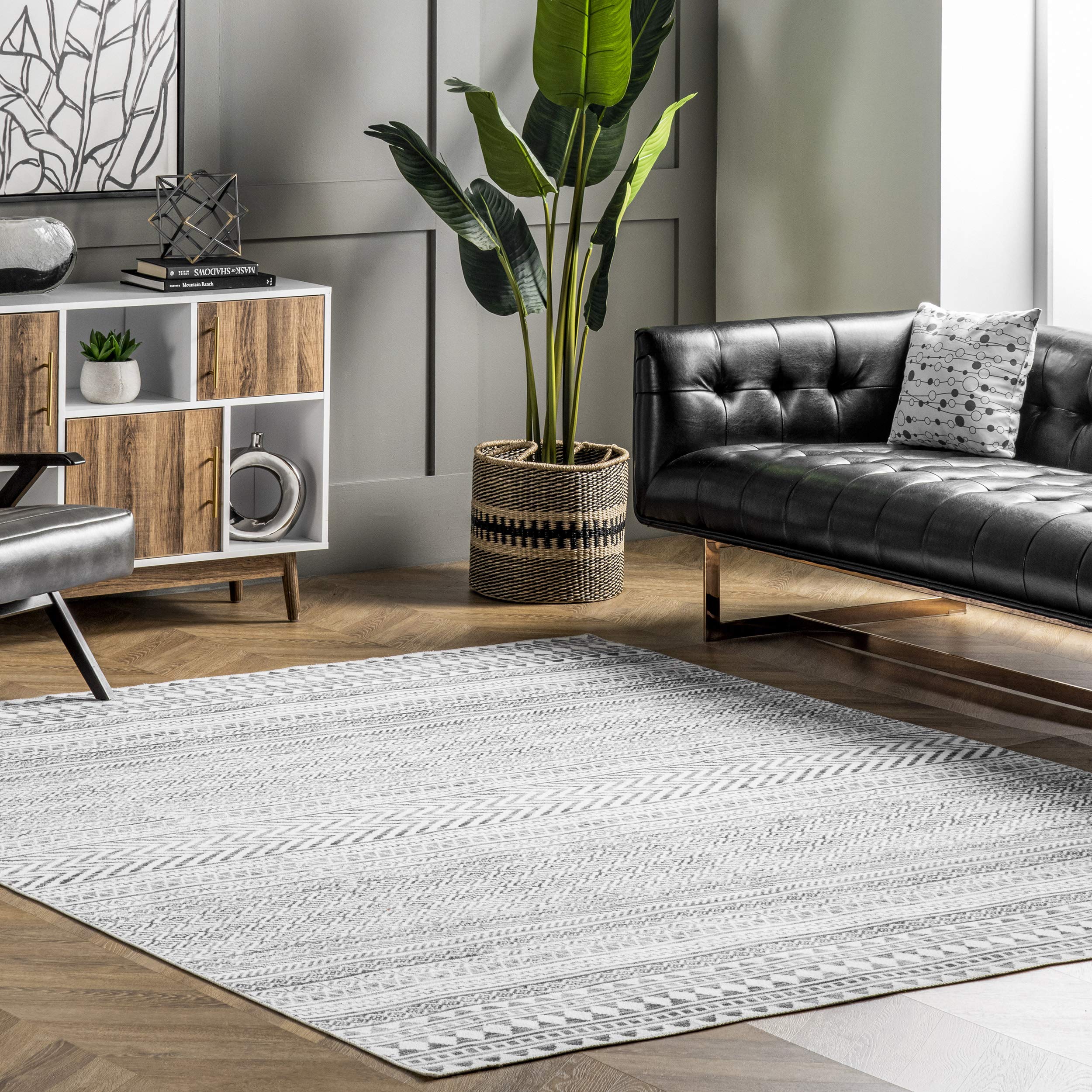 nuLOOM Kira Washable Tribal Geometric Ultra Thin Area Rug 7x9 Feet Grey - Perfect for Living Room, Bedroom, or Office Decor