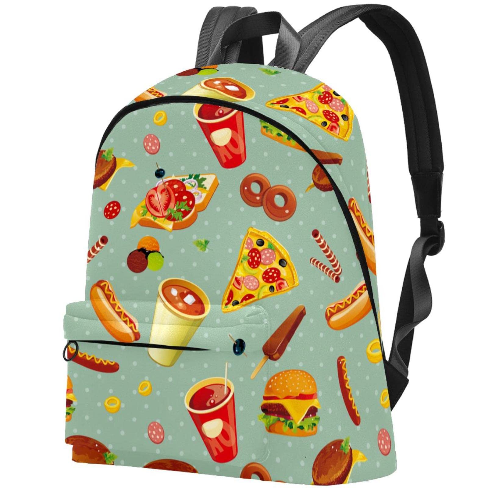 Stylish Unisex Canvas Backpack for College & Travel - Burger Hot Dog Pizza Print Design - Perfect for School, Work, Weekend Getaways & Urban Adventures