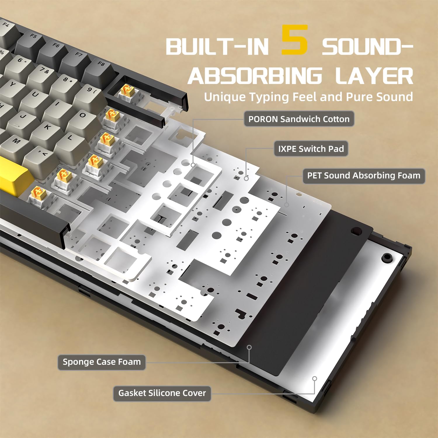 AJAZZ AK820 75% ANSI Layout Mechanical Gaming Keyboard with Knob - 82 Keys, Hot-Swap, RGB Backlit, 5 Sound-Dampening Foams, Linear Switch - Wired USB Keyboard for PC & Mac (Gray) - Perfect for Gaming, Office Work & Typing
