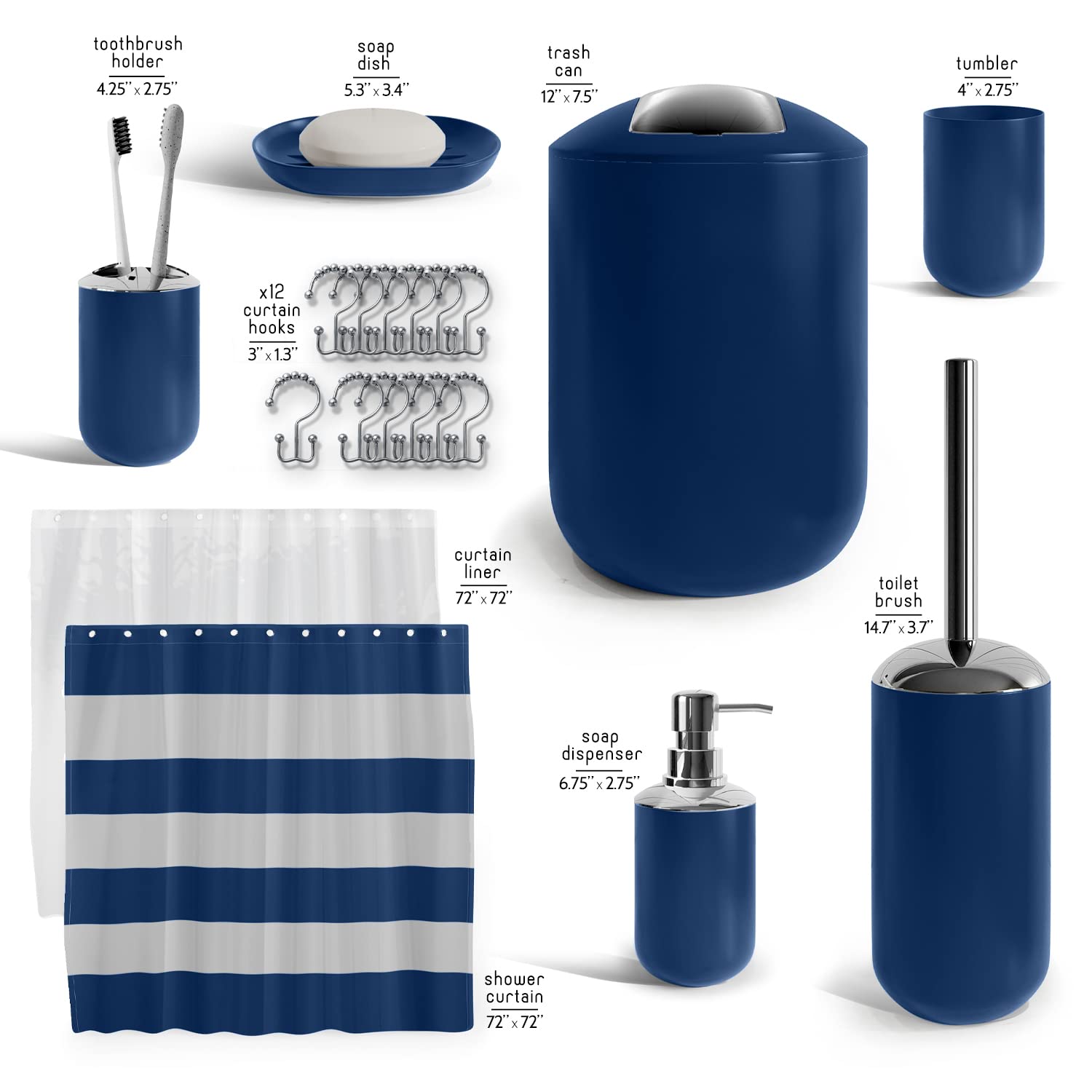 Clara Clark 20-Piece Navy Blue Bathroom Accessory Set - Includes Shower Curtain with Liner, Toothbrush Holder, Soap Dispenser, Soap Dish, Toilet Brush Holder & Waste Bin | Complete Bathroom Decor for Modern Homes, Apartments & Guest Bathrooms
