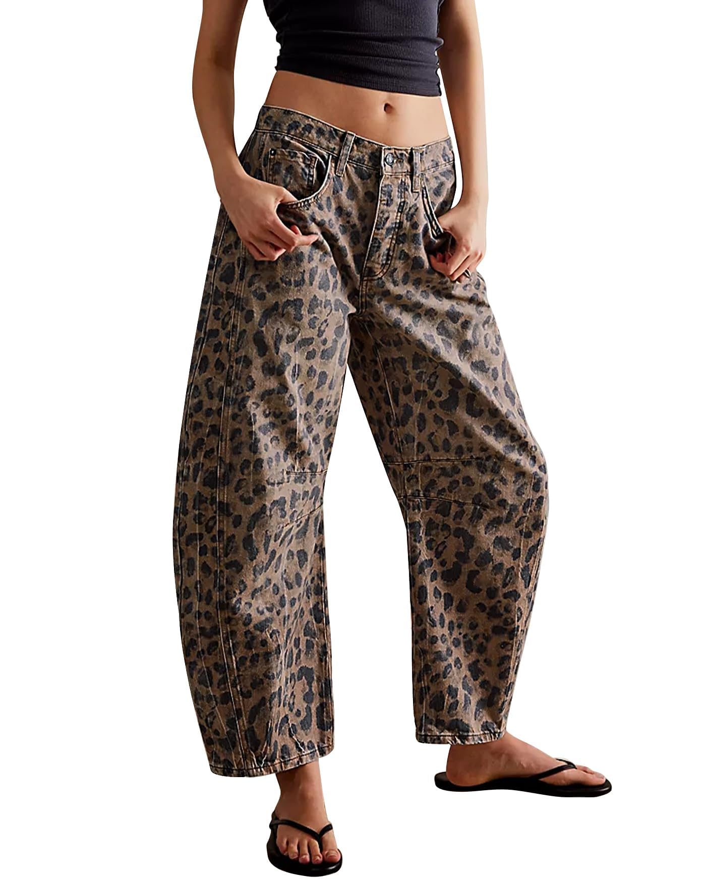 Women's Leopard Print Barrel Jeans - Casual Wide Leg Baggy Pants Y2K Boyfriend Style Mid Rise Denim Ankle Pants | Perfect for Streetwear, Retro Outfits & Everyday Fashion