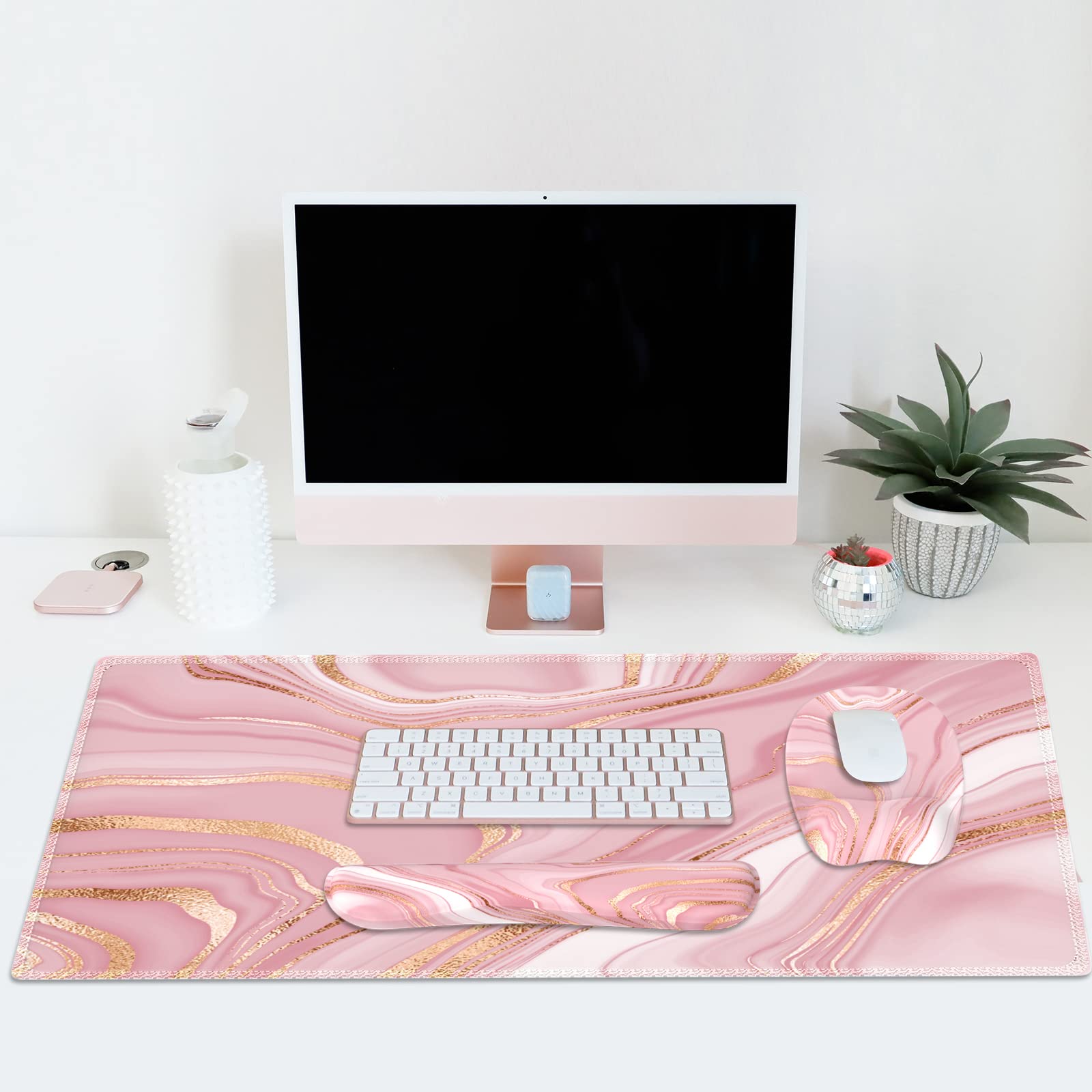 Premium Pink Rose Gold Desk Mat Set - Ergonomic Mouse Pad with Wrist Support & Keyboard Wrist Rest, Non-Slip Office Accessories for Comfortable Computer Work - Perfect for Home Office, Gaming & Workspace Setup