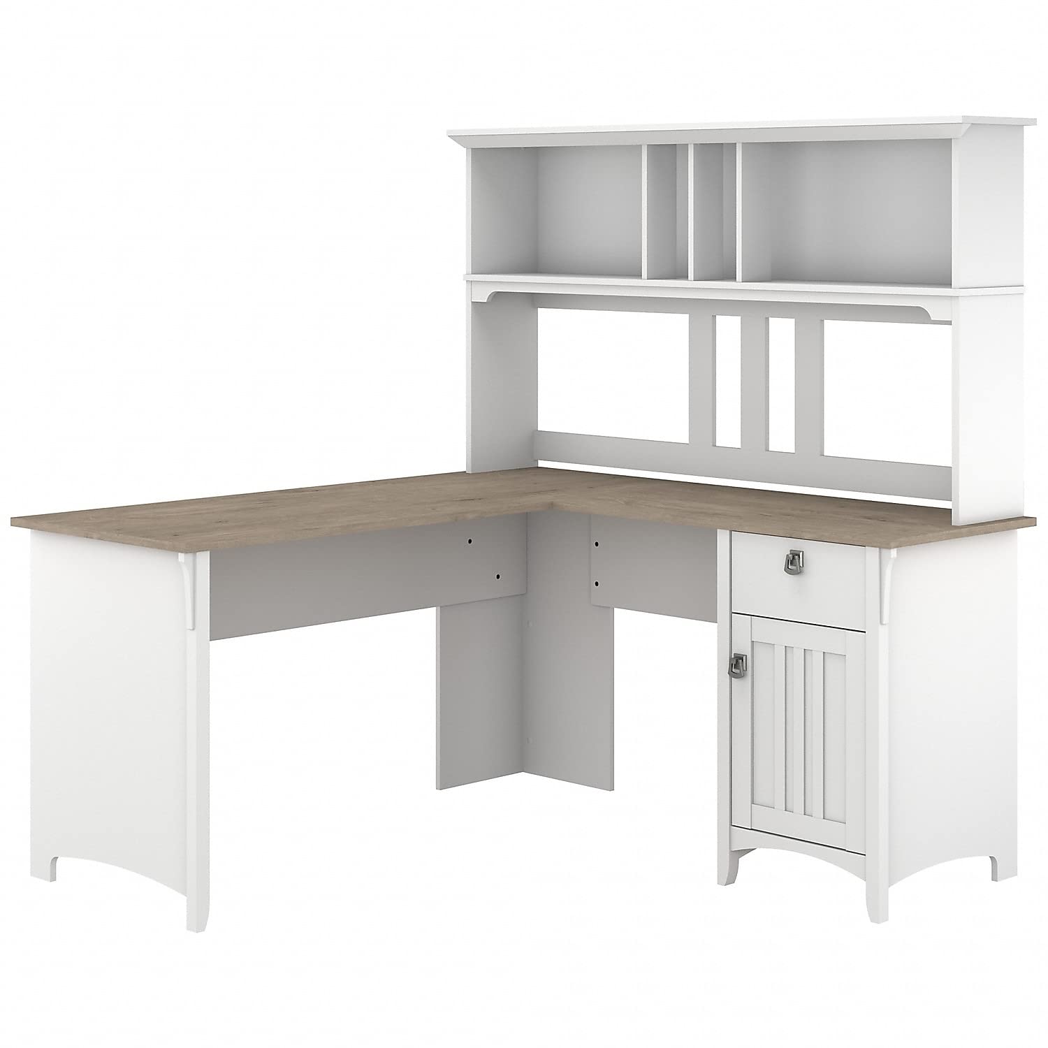 Bush Furniture Salinas L-Shaped Desk with Hutch - Home Office Computer Workstation with Storage Drawers & Cabinets in Pure White/Shiplap Gray | Study Table for Small Spaces | Perfect for Remote Work, Gaming Setup & Student Dorm Rooms