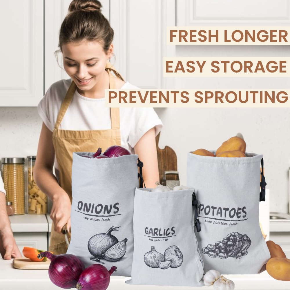 Reusable Potato Onion Garlic Storage Bags with Drawstring Closure - 3 Pack for Pantry & Kitchen Organization | Fresh Vegetable Keepers for Home, Restaurant & Grocery Store Use