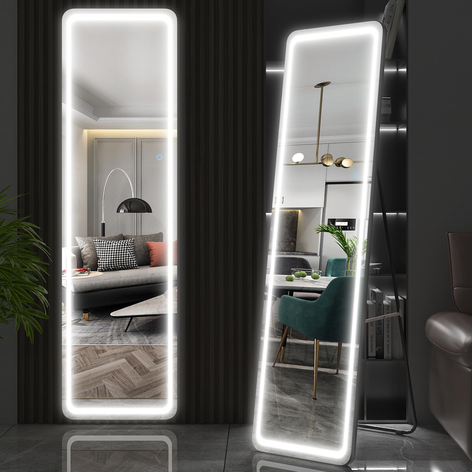 EDTEMI 63x16 Inch Full Length LED Floor Mirror with Dimmable Lights & 3 Color Modes - Wall Mounted Hanging Mirror for Bedroom, Makeup Vanity, Dressing Room and Home Decor (Black)