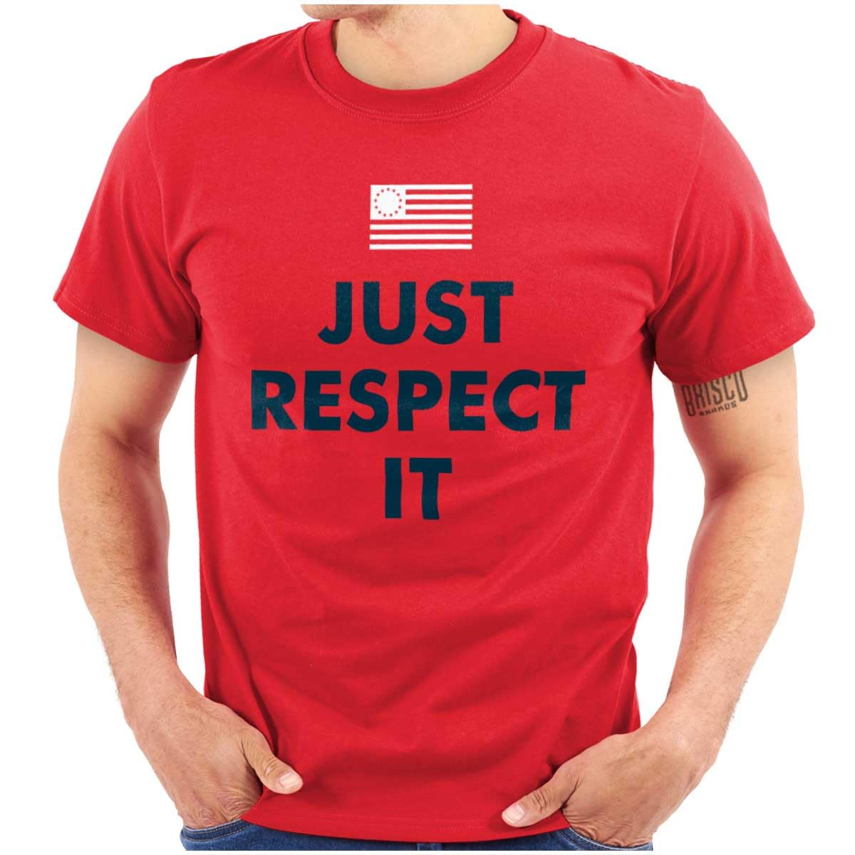 Brisco Brands Just Respect It Colonial America Flag Graphic T-Shirt for Men & Women - Patriotic Vintage Style Tee for 4th of July, Historical Reenactments & American Pride Events