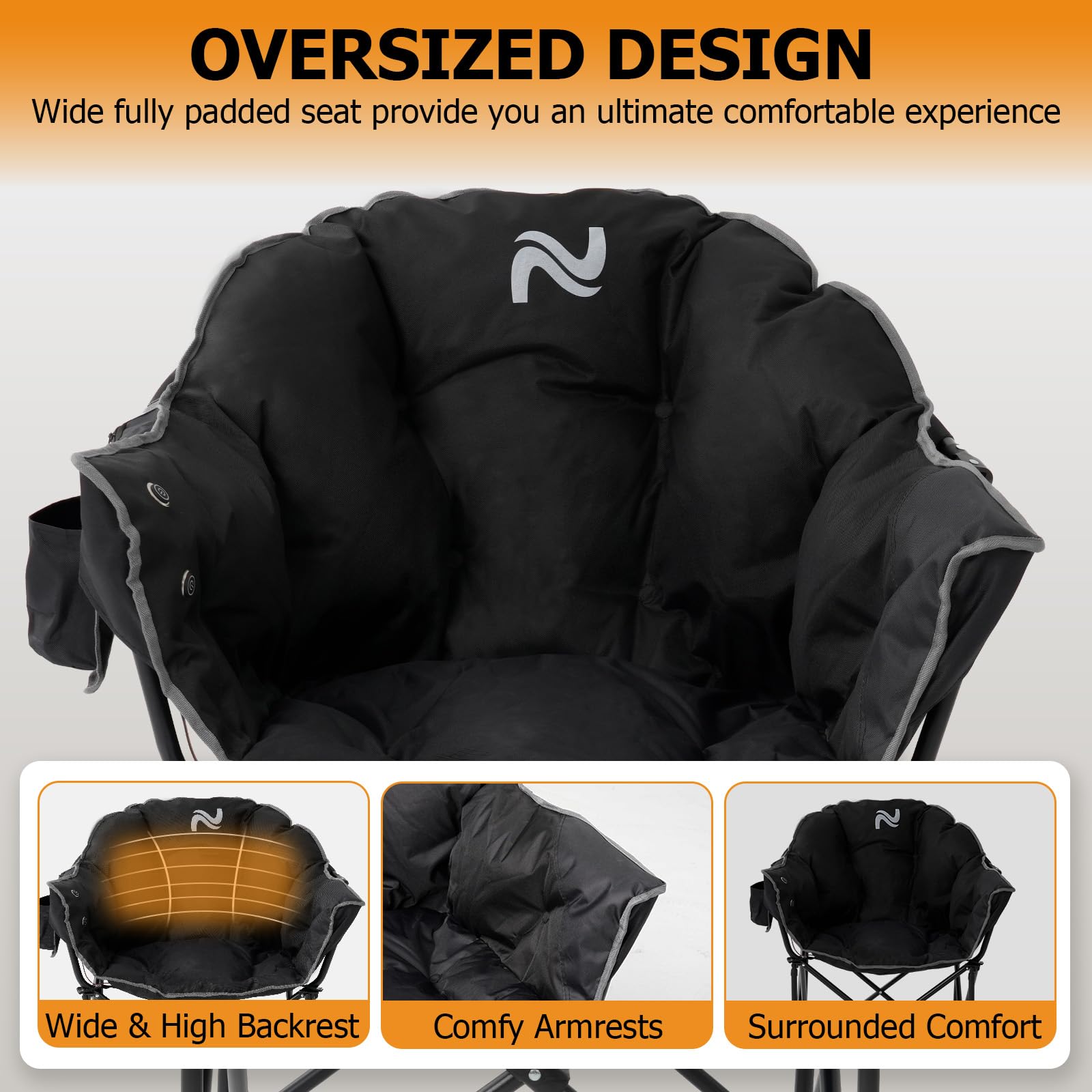 LILYPELLE Oversized Heated Camping Chair - 3 Adjustable Heat Levels, Portable Folding Moon Saucer Chair for Outdoor, Patio, Lawn & Lounge - Perfect for Camping, Backyard Relaxation & Winter Gatherings