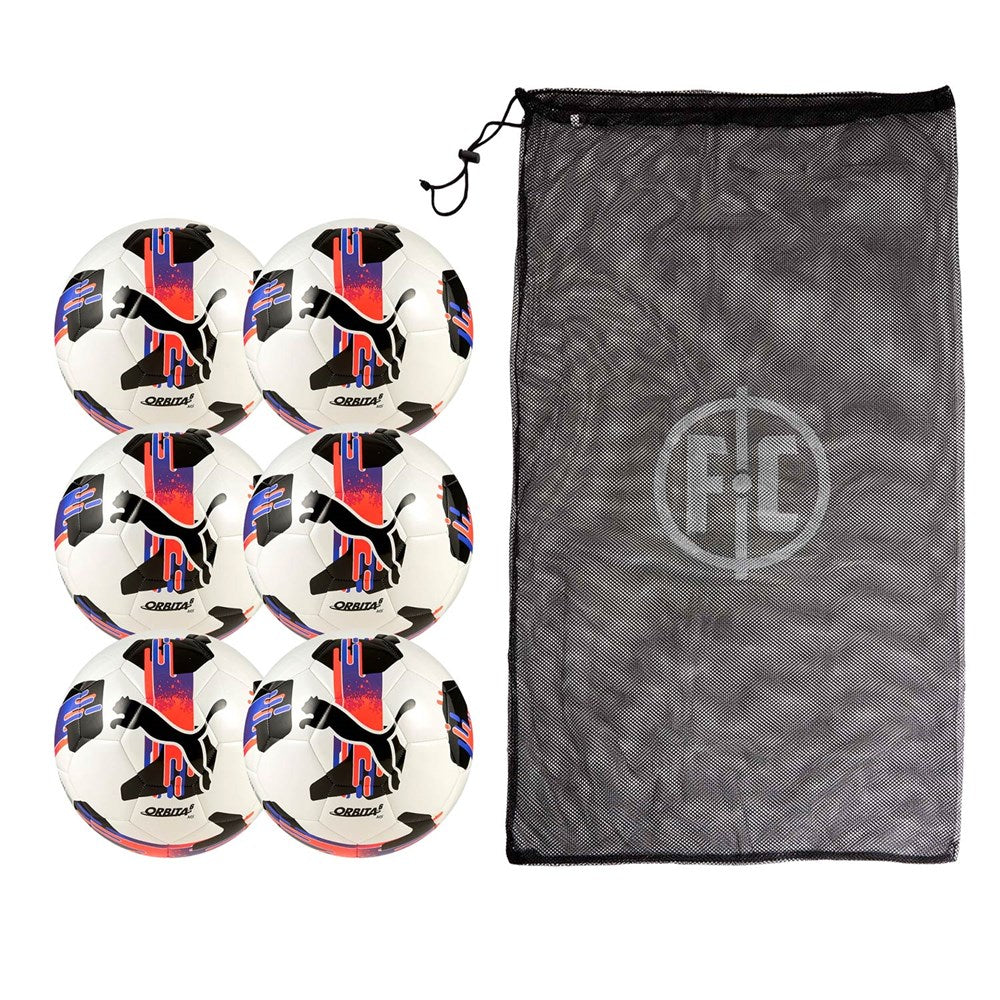 Puma Orbita 6 MS Football - Official Size 5 Soccer Ball (White/Glowing Red/Black) - 6 Balls & Carry Bag Bundle - Perfect for Training, Matches & Team Sports