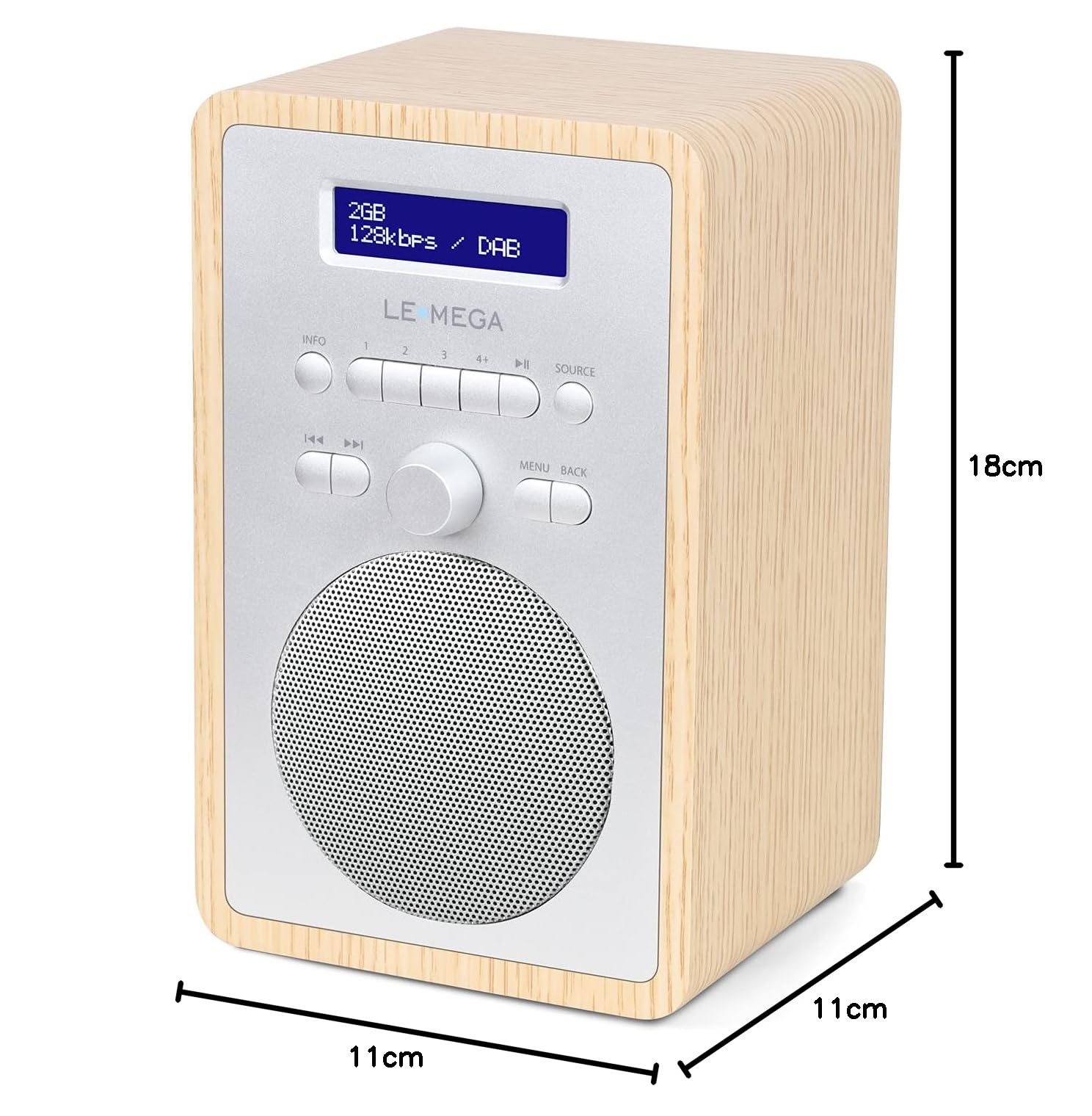 LEMEGA CR2+ DAB/DAB+ Digital Radio with FM, Small Portable DAB Radio with Mains Power, Dual Alarm Clock, Sleep Timer & 20 Preset Stations - White Oak Wood Effect Finish for Kitchen, Bedroom & Office Use