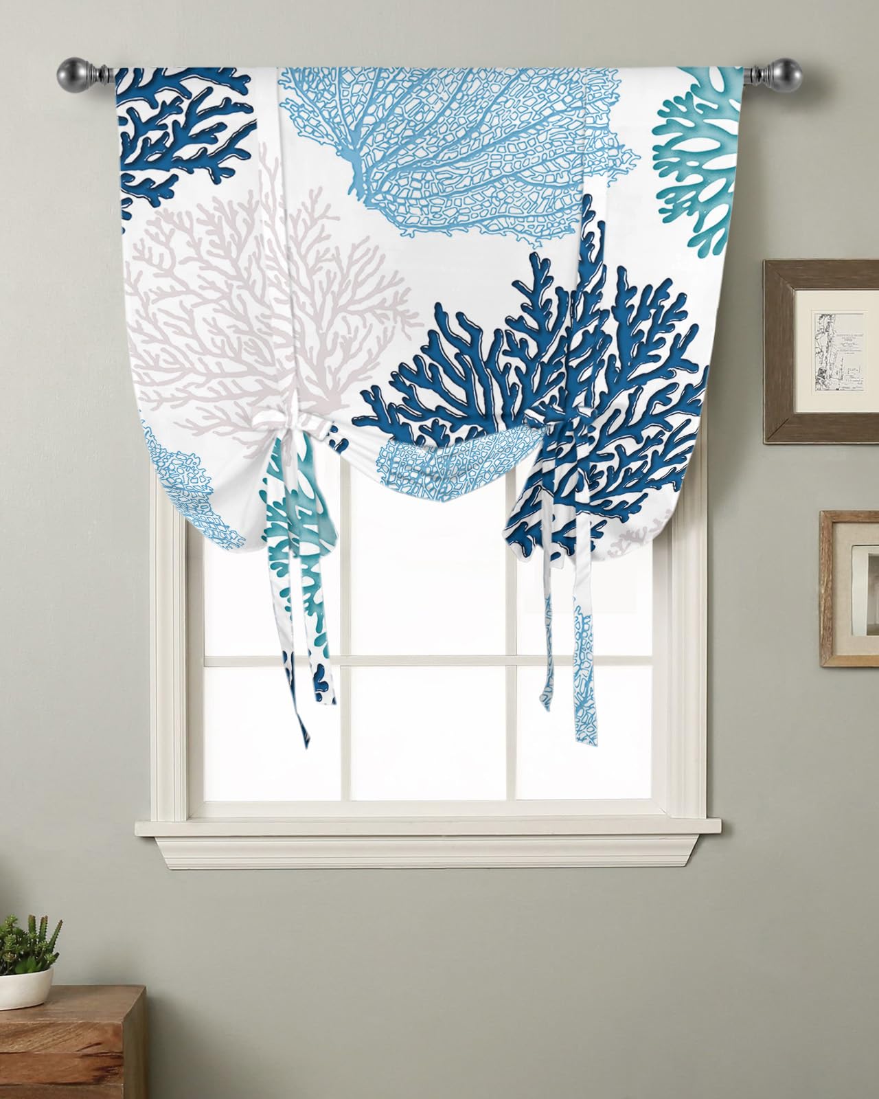 Tie Up Curtains for Windows - Blue White Geometric Abstract Design with Adjustable Rod Pocket, 42x54 Inch Balloon Window Shades for Bathroom & Kitchen | Perfect for Coastal Decor, Summer Beach House, and Marine-Themed Rooms