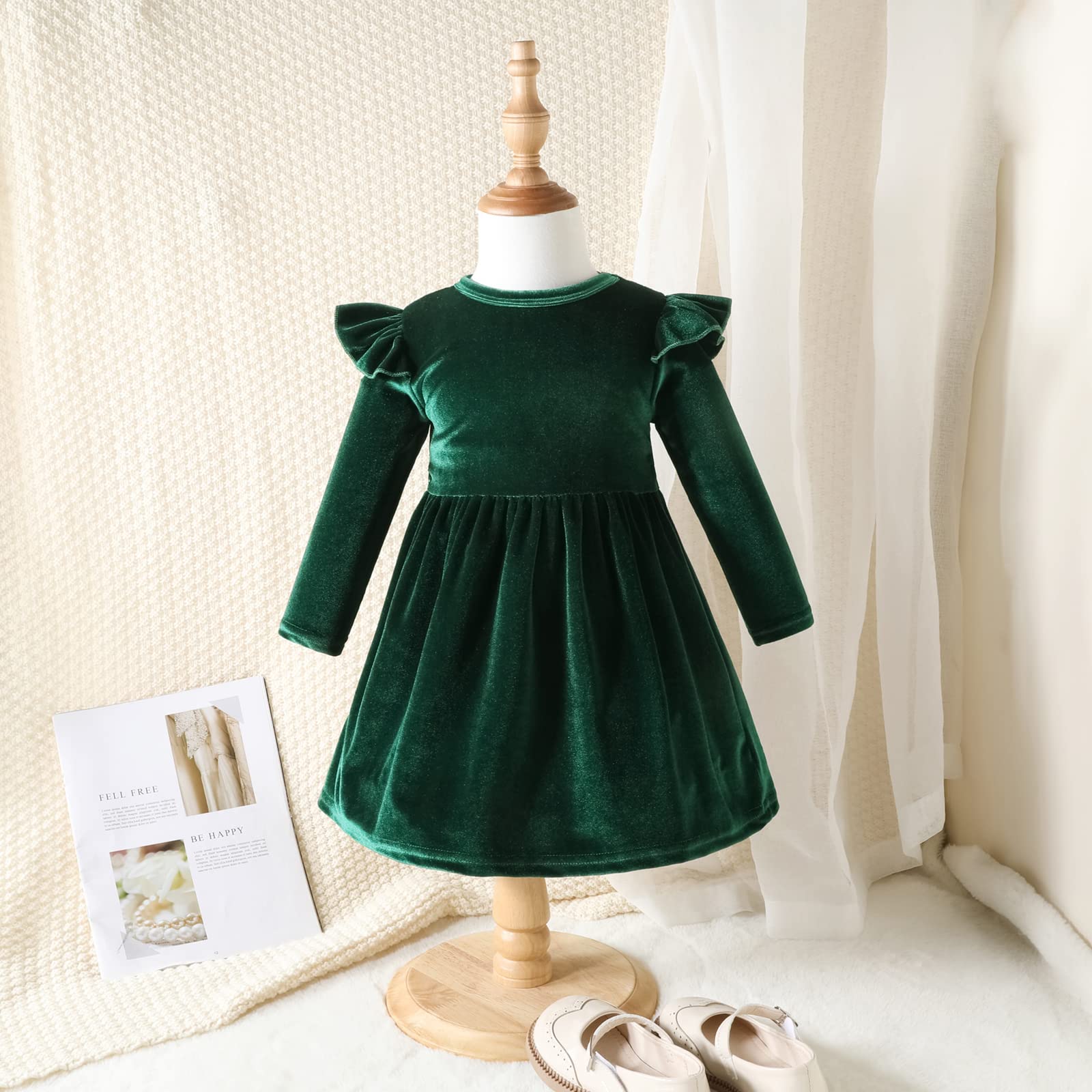IDOPIP Toddler Baby Girls Velvet Tutu Dress - Long Sleeve Princess Party Dress for Christmas, Birthday & Wedding - Winter Formal Outfit for Fall & Winter Season - Perfect for Holiday Photos, Pageants & Special Occasions
