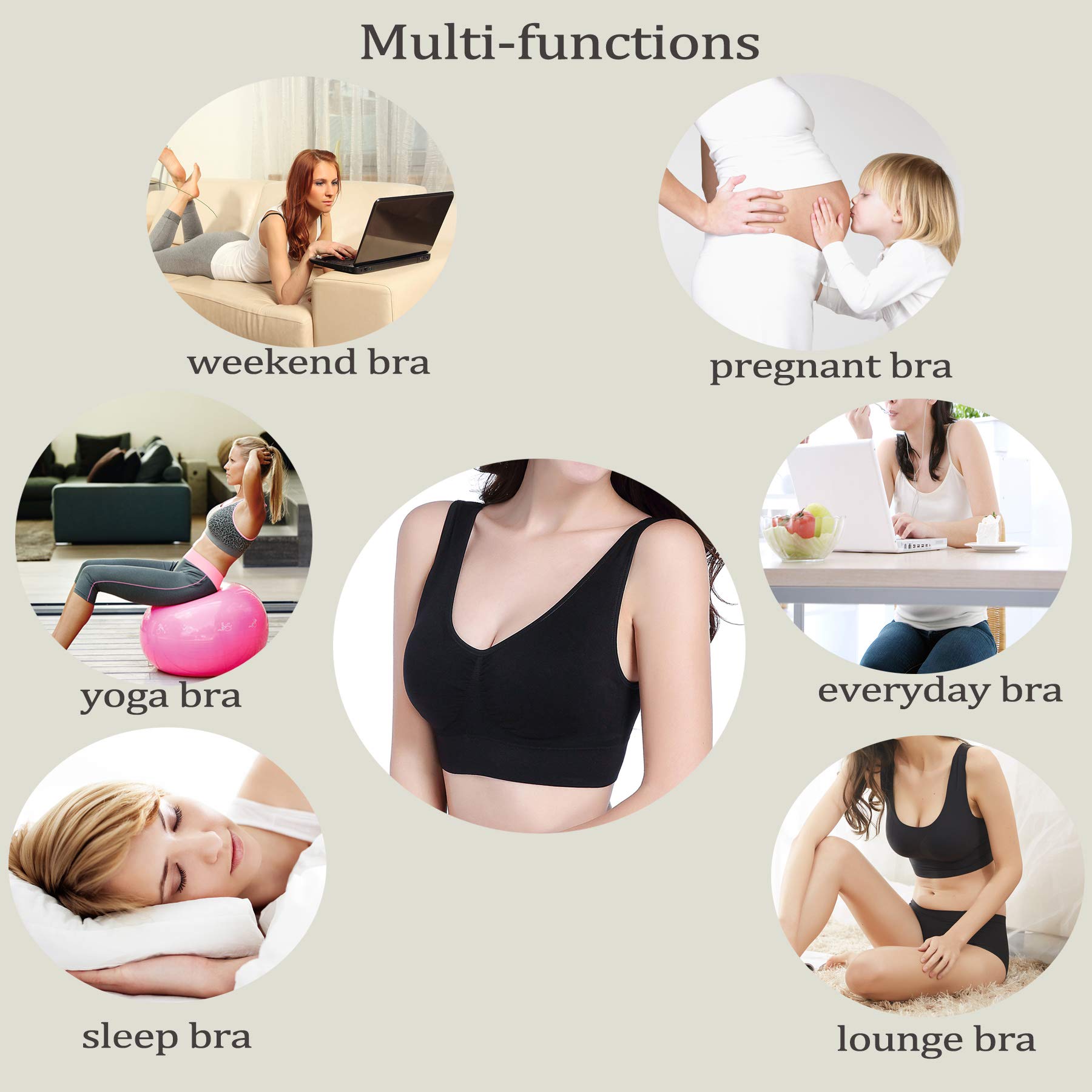 PRETTYWELL Women's Sleep Bras - 3 Pack Seamless Wireless Comfort Yoga Sports Bra with Removable Pads | Soft Stretchy Lounge Bras for Sleeping, Yoga, Workout & Relaxation