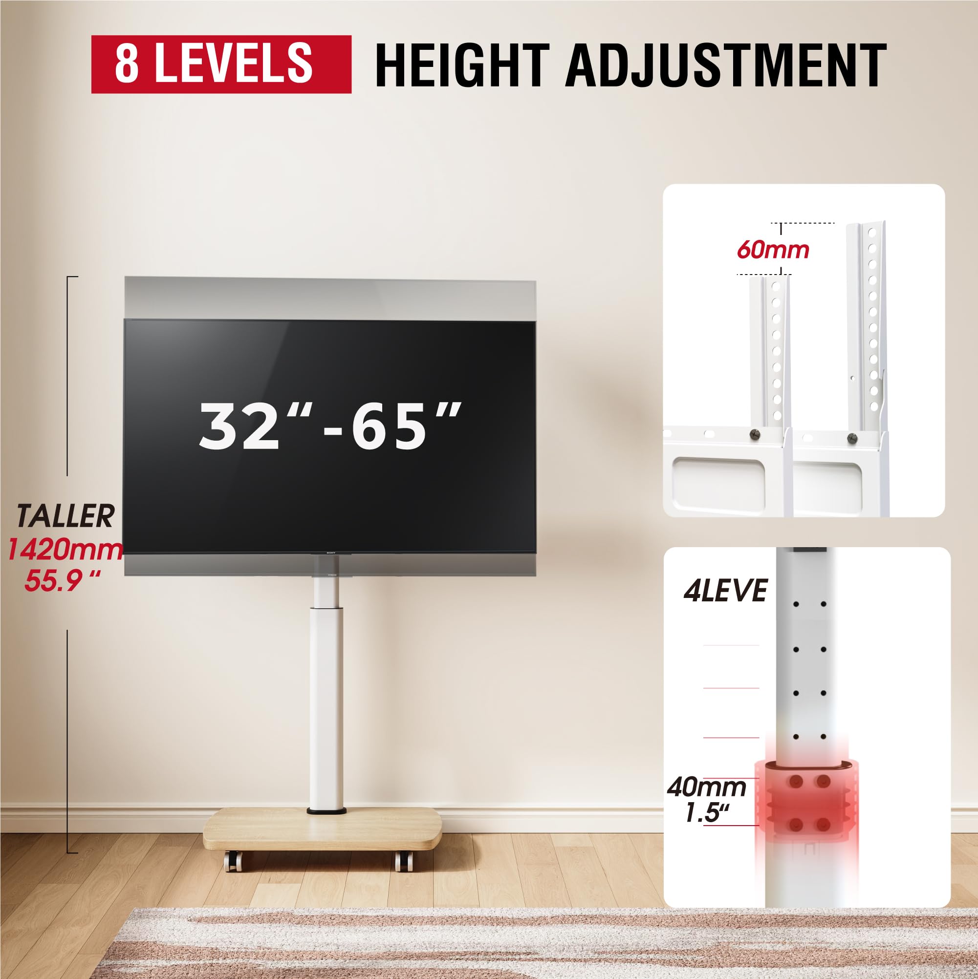 Portable Rolling TV Stand with Wheels for 32-65 Inch TVs - 8-Level Height Adjustable, 12° Tilt & 60° Swivel - Supports up to 88Lbs - White - Perfect for Living Rooms, Bedrooms, and Outdoor Spaces