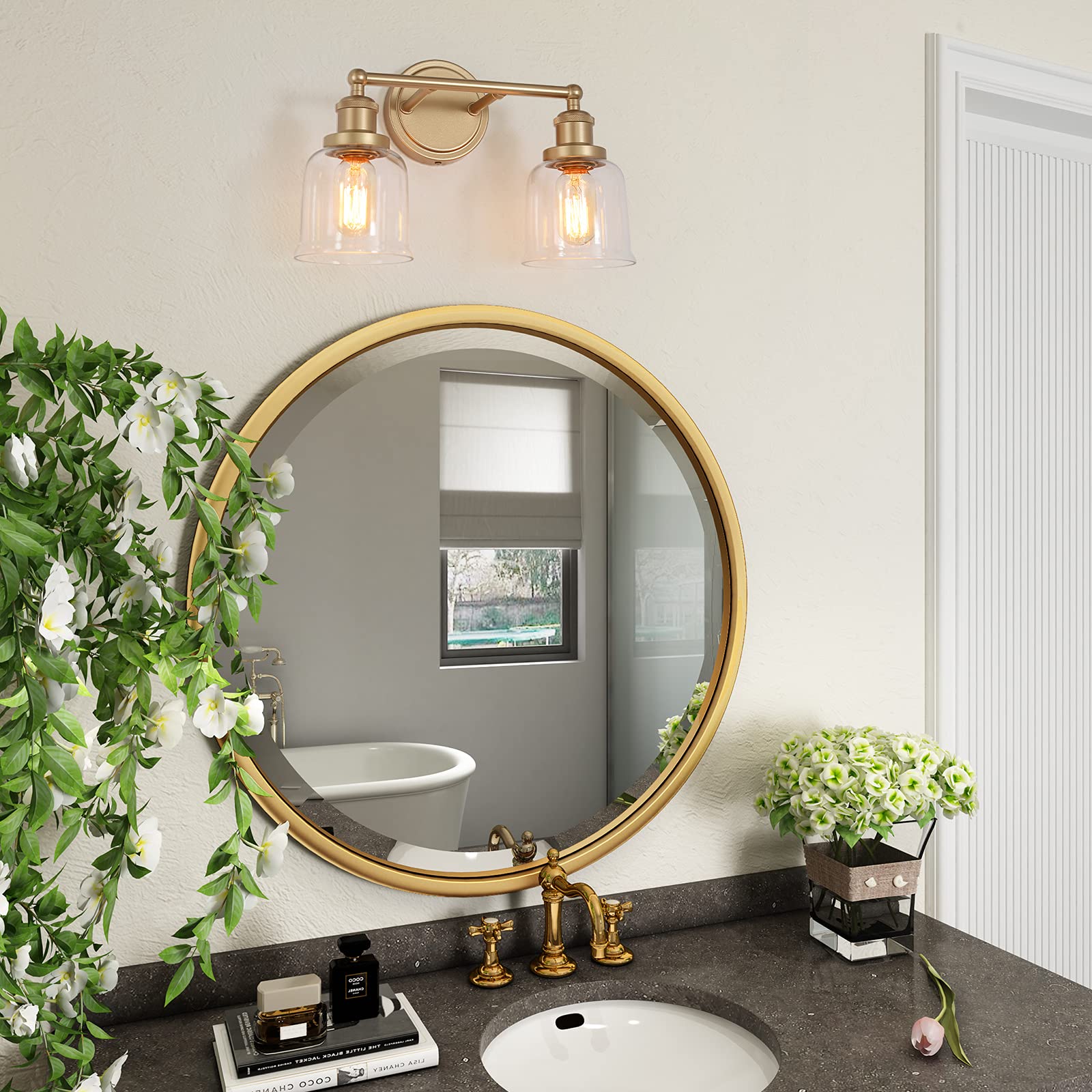 Modern Gold Vanity Light Fixture - 2 Light Bathroom Sconce with Clear Glass Shade, Elegant Gold Finish for Bathroom, Hallway, Bedroom & Living Room - 14.5