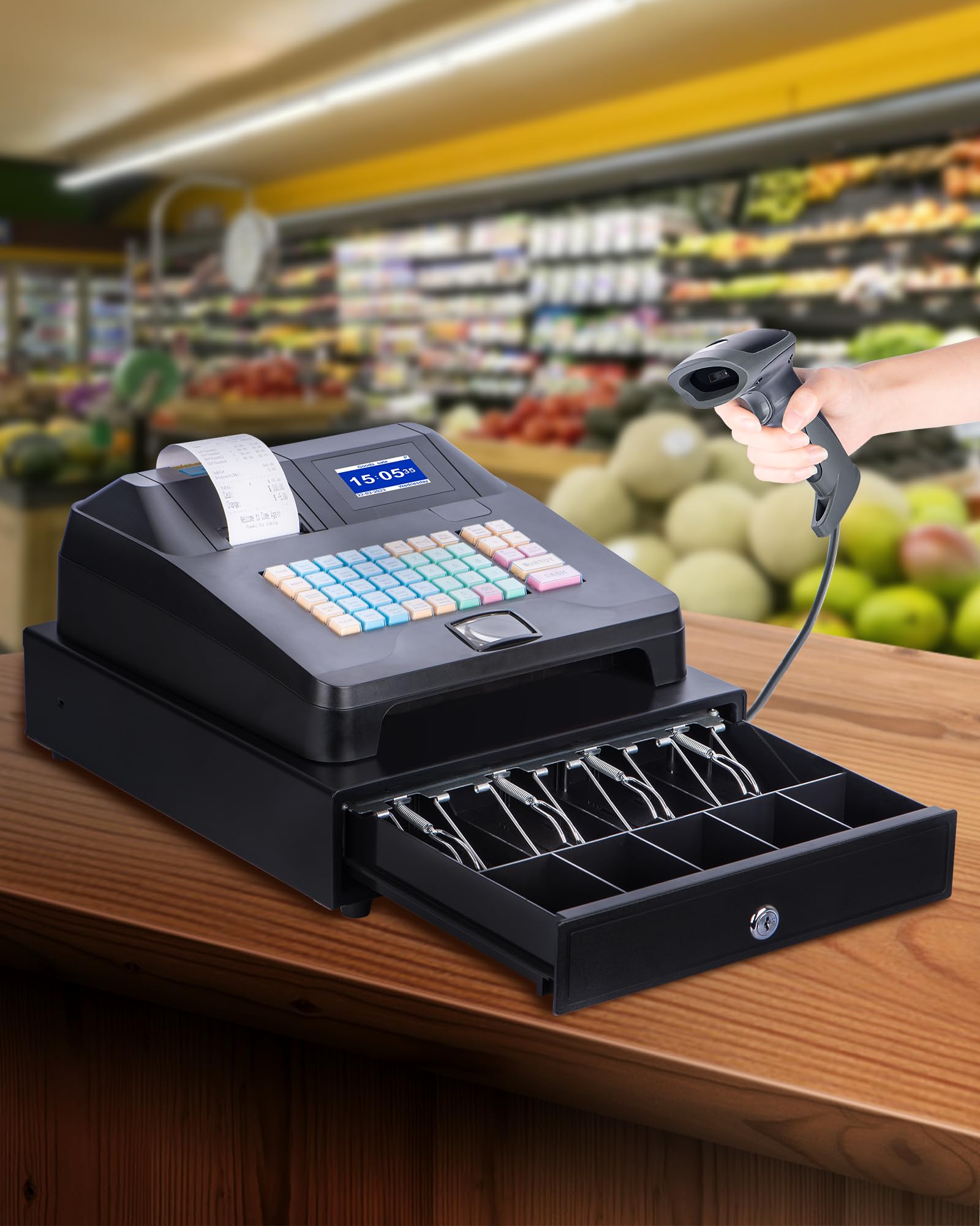 Electronic Cash Register for Small Businesses - Dual Display, Auto Receipt Printer, Cash Drawer & Scanner - Waterproof & Oil-Proof POS System for Retail Stores, Markets, Malls & Restaurants (Perfect for Quick Checkout & Inventory Management)