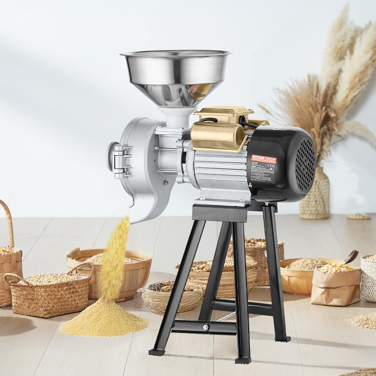 VEVOR 3000W Commercial Electric Grain Mill Grinder - Adjustable Corn Wheat Spice Grinder for Flour, Cereal & Feed - Heavy Duty Dry & Wet Powder Machine with Funnel - Perfect for Bakeries, Restaurants & Home Kitchens