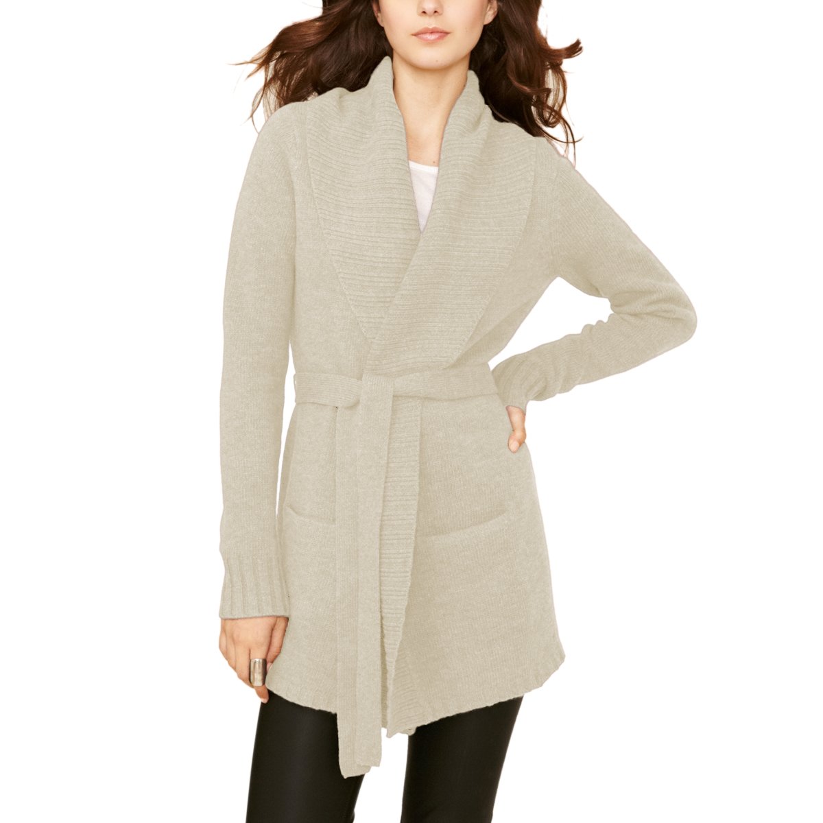 Parisbonbon Women's 100% Cashmere Long Sleeve Cardigan Sweater - Soft & Warm Beige Knit Pullover (Size L) - Perfect for Fall & Winter, Office Wear & Casual Outfits