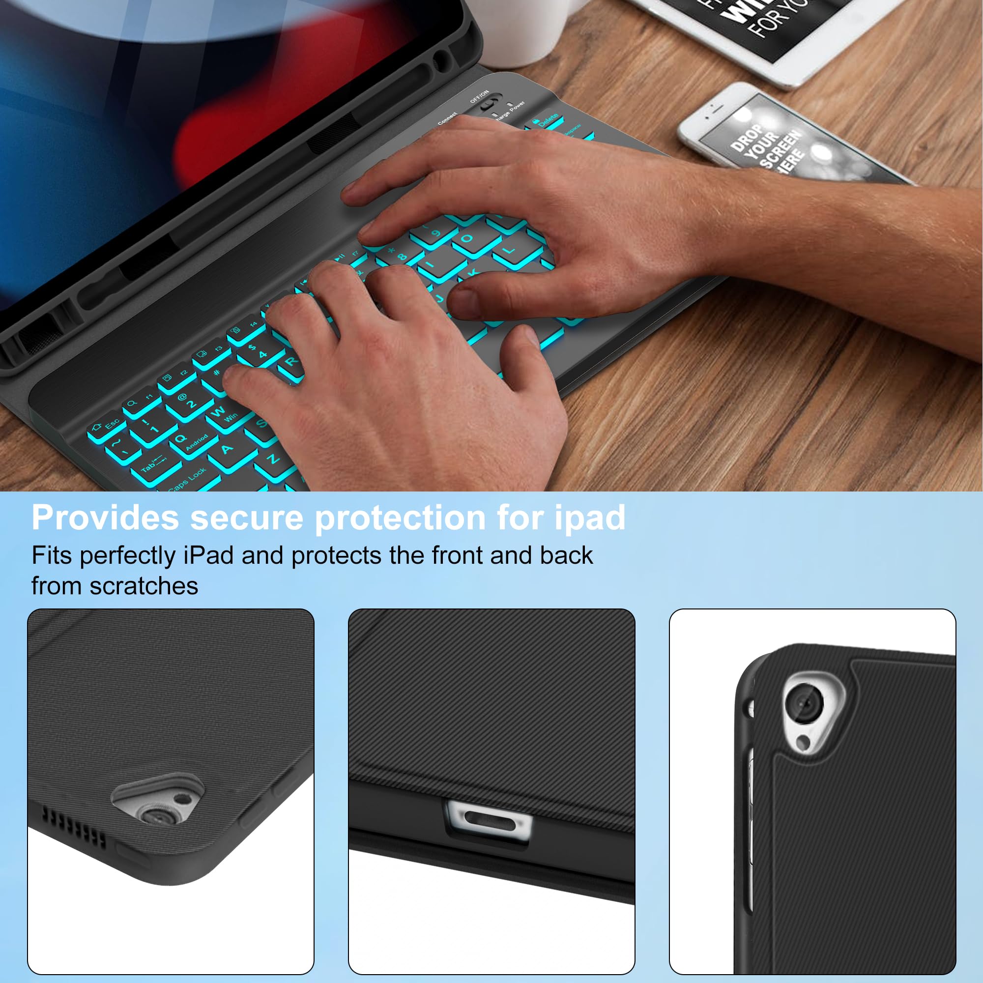 KVAGO Backlit Wireless Keyboard Case for iPad 9th/8th/7th Gen & iPad Air 3rd Gen - Detachable Folio Cover with Pencil Holder | Perfect for Work, Study & Travel (10.2 inch, Black)
