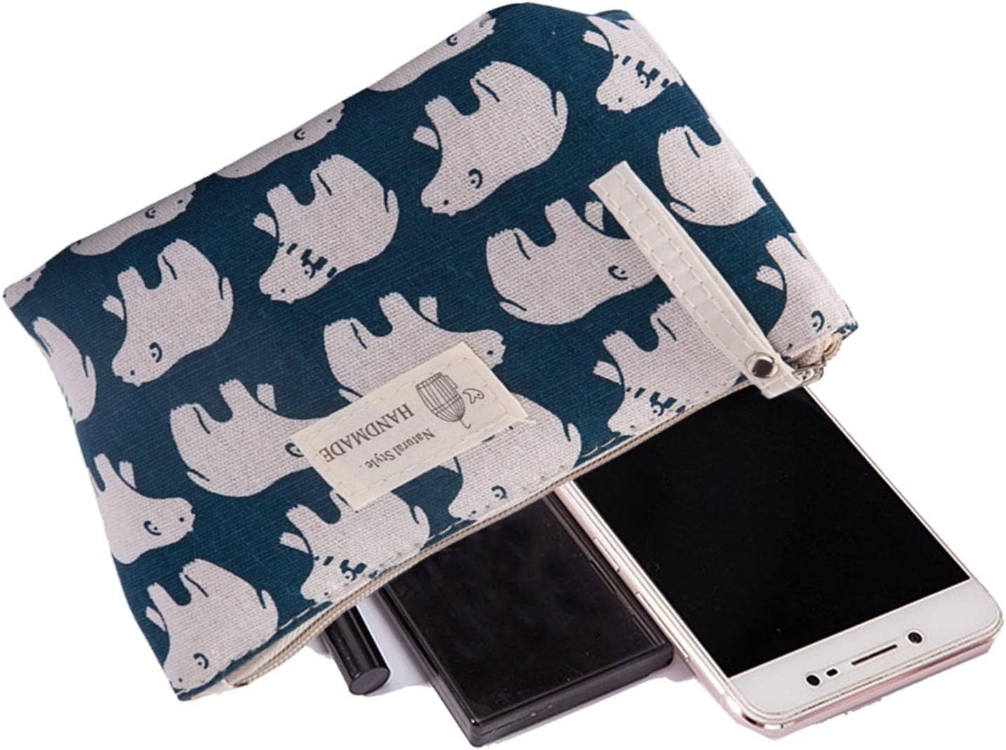 House of Quirk Printed Canvas Cosmetic Bag - Waterproof Makeup Organizer Pouch with Zipper for Women & Girls | Multi-Functional Travel Toiletry Case for Vacation, Gym, Beach (Blue/White Polar Bear Design)