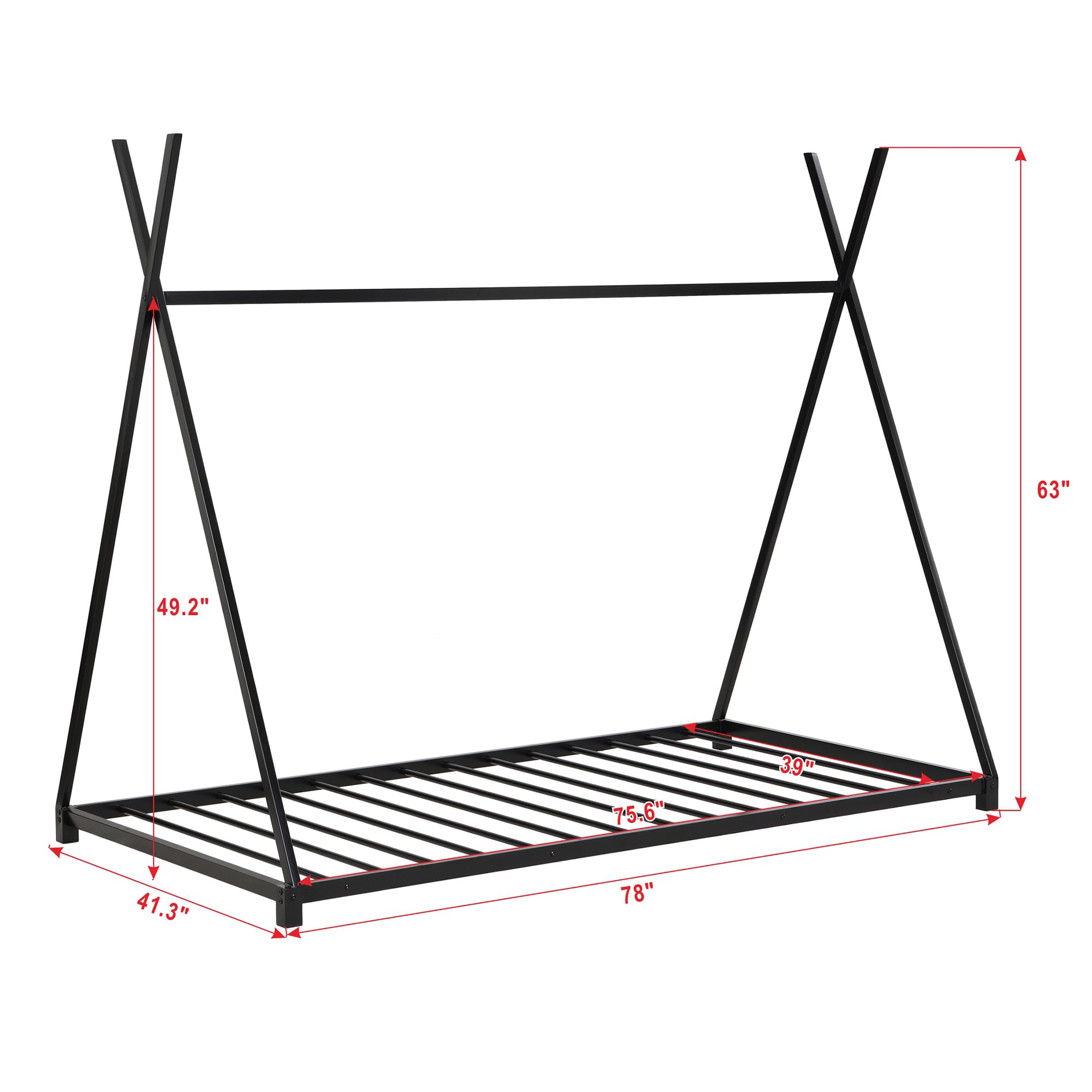 Montessori Floor Bed Frame Twin Size - Sturdy Wooden Twin Floor Bed with Slats & Triangle Structure - Kids House Bed for Boys & Girls - Black - Perfect for Montessori Bedrooms, Daycare Centers & Cozy Kids' Spaces